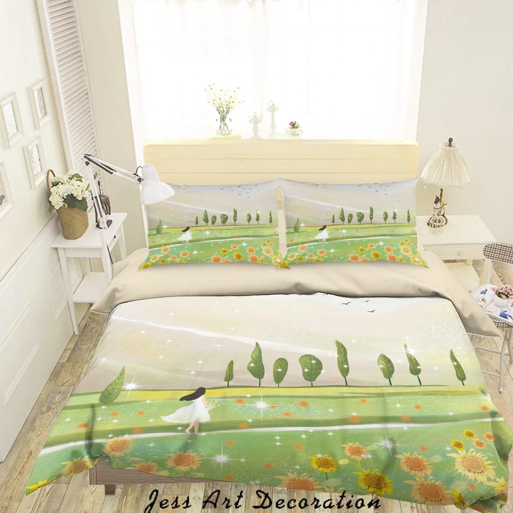 3D Cartoon Girl Lawn Sunflower Quilt Cover Set Bedding Set Duvet Cover Pillowcases A555 LQH- Jess Art Decoration