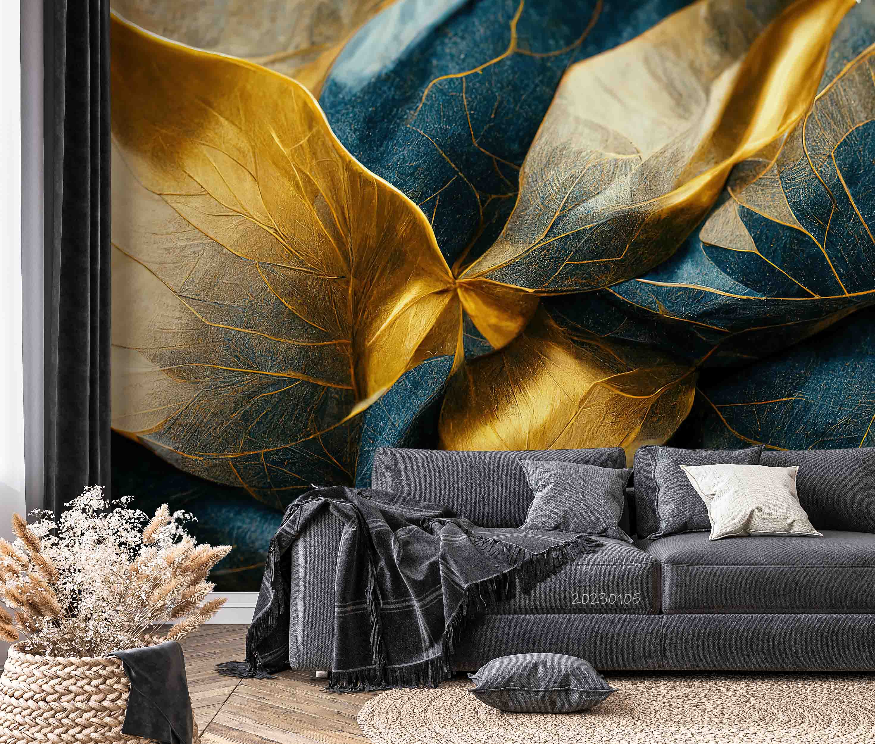 3D Vintage Gold Blue Leaf Wall Mural Wallpaper GD 1828- Jess Art Decoration