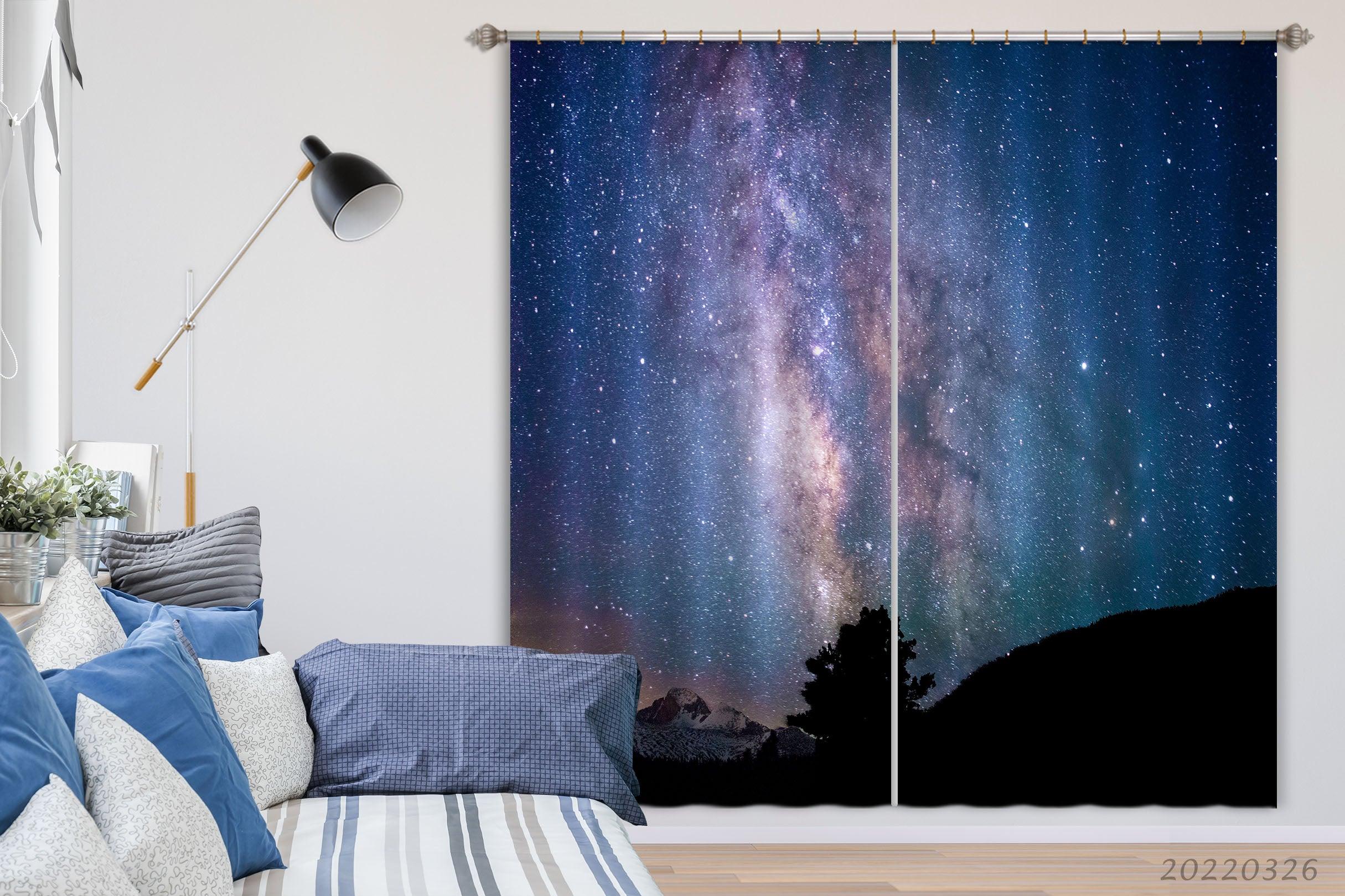 3D Nature Mountain Tree Silhouette Starry Sky Curtains and Drapes GD 2965- Jess Art Decoration
