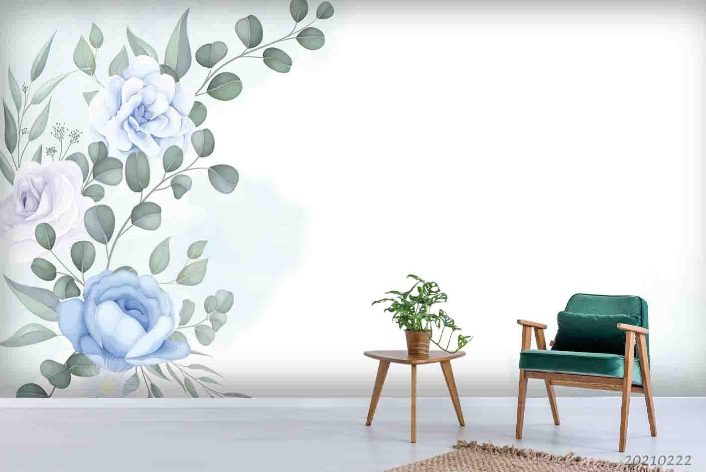 3D Watercolor Blue Floral Leaves Wall Mural Wallpaper LQH 133- Jess Art Decoration