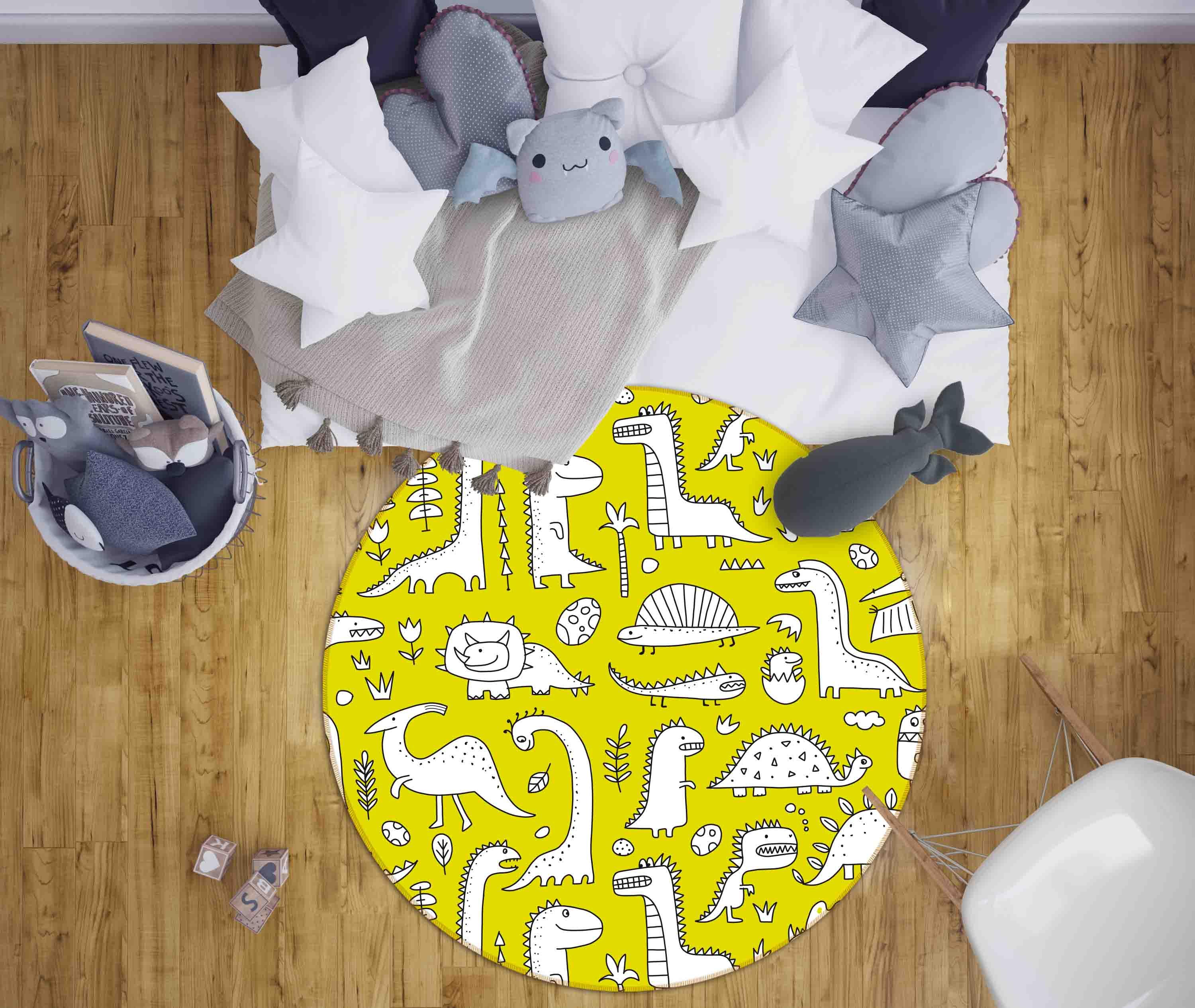 3D Cartoon Animal Dinosaur Yellow Kids Non-Slip Round Rug Mat 51- Jess Art Decoration