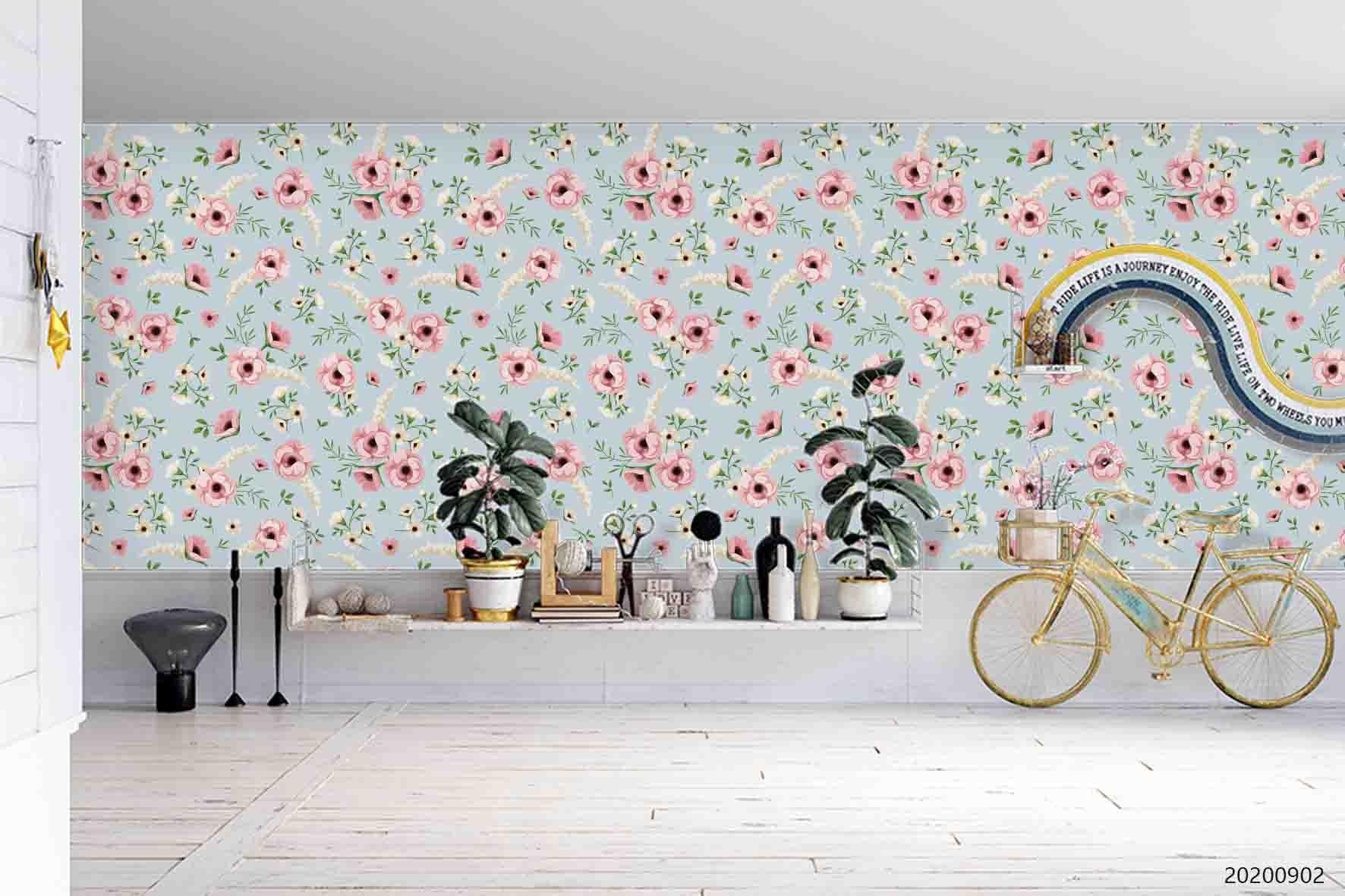 3D Hand Sketching Pink Floral Leaves Plant Wall Mural Wallpaper LXL 1276- Jess Art Decoration