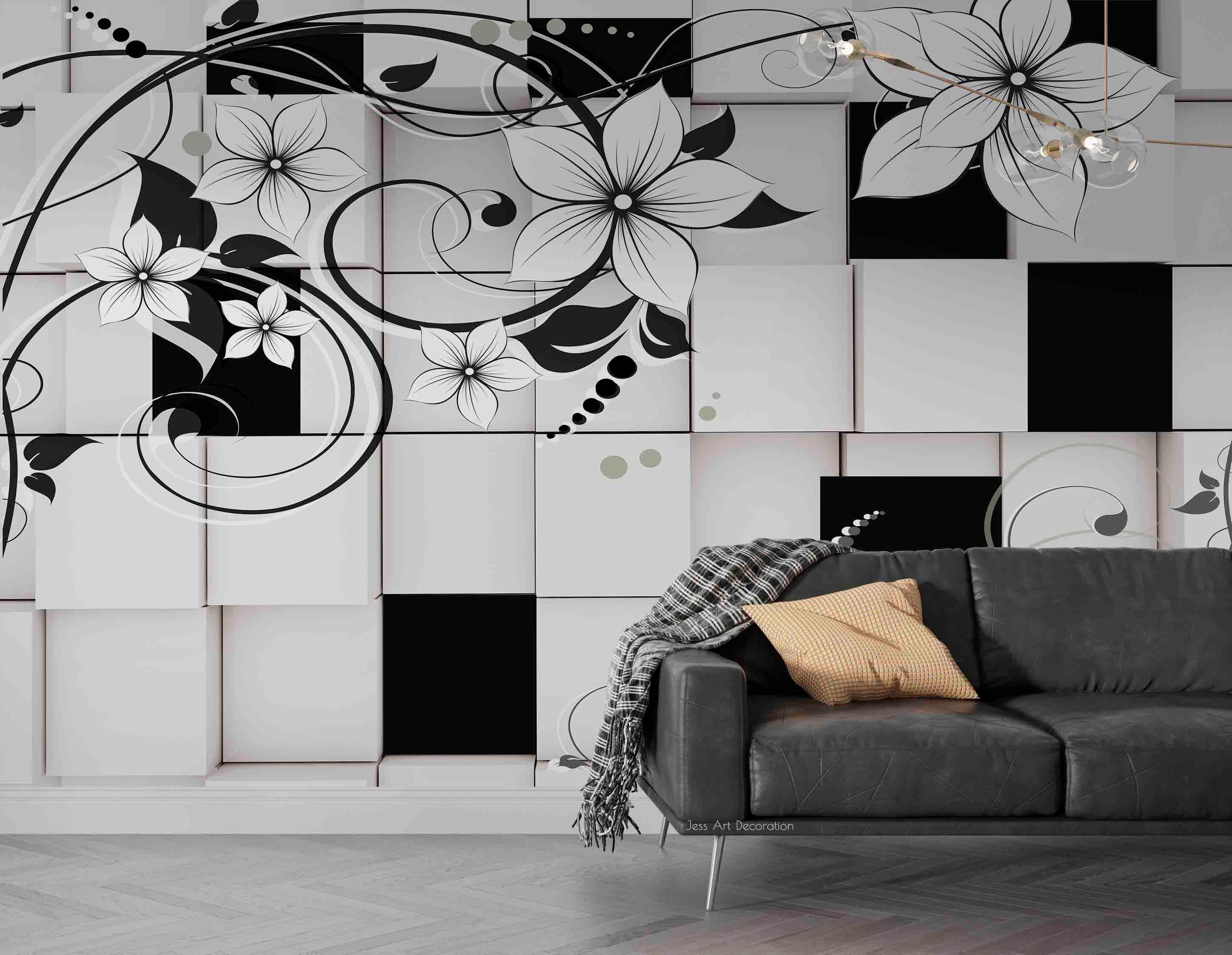 3D Black White Geometric Square Flower Wall Mural Wallpaper GD 3136- Jess Art Decoration