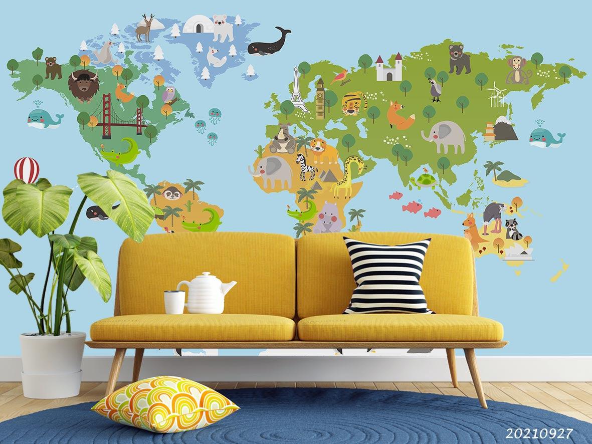 3D Blue World Map Kids Wall Mural Wallpaper LQH 153- Jess Art Decoration