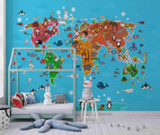 3D Map World Cartoon Animal Wall Mural Wallpaper SWW4486- Jess Art Decoration