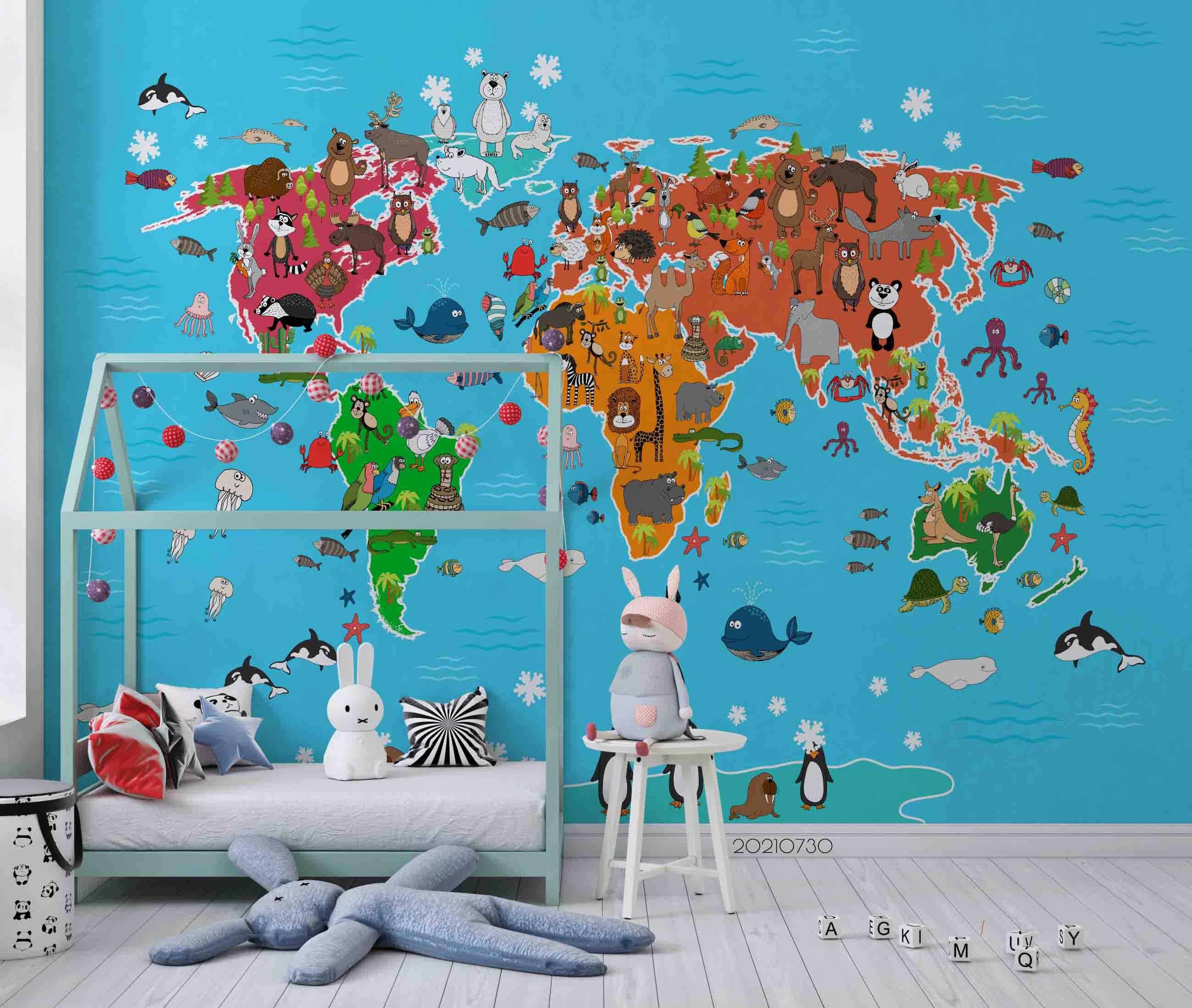 3D Map World Cartoon Animal Wall Mural Wallpaper SWW4486- Jess Art Decoration