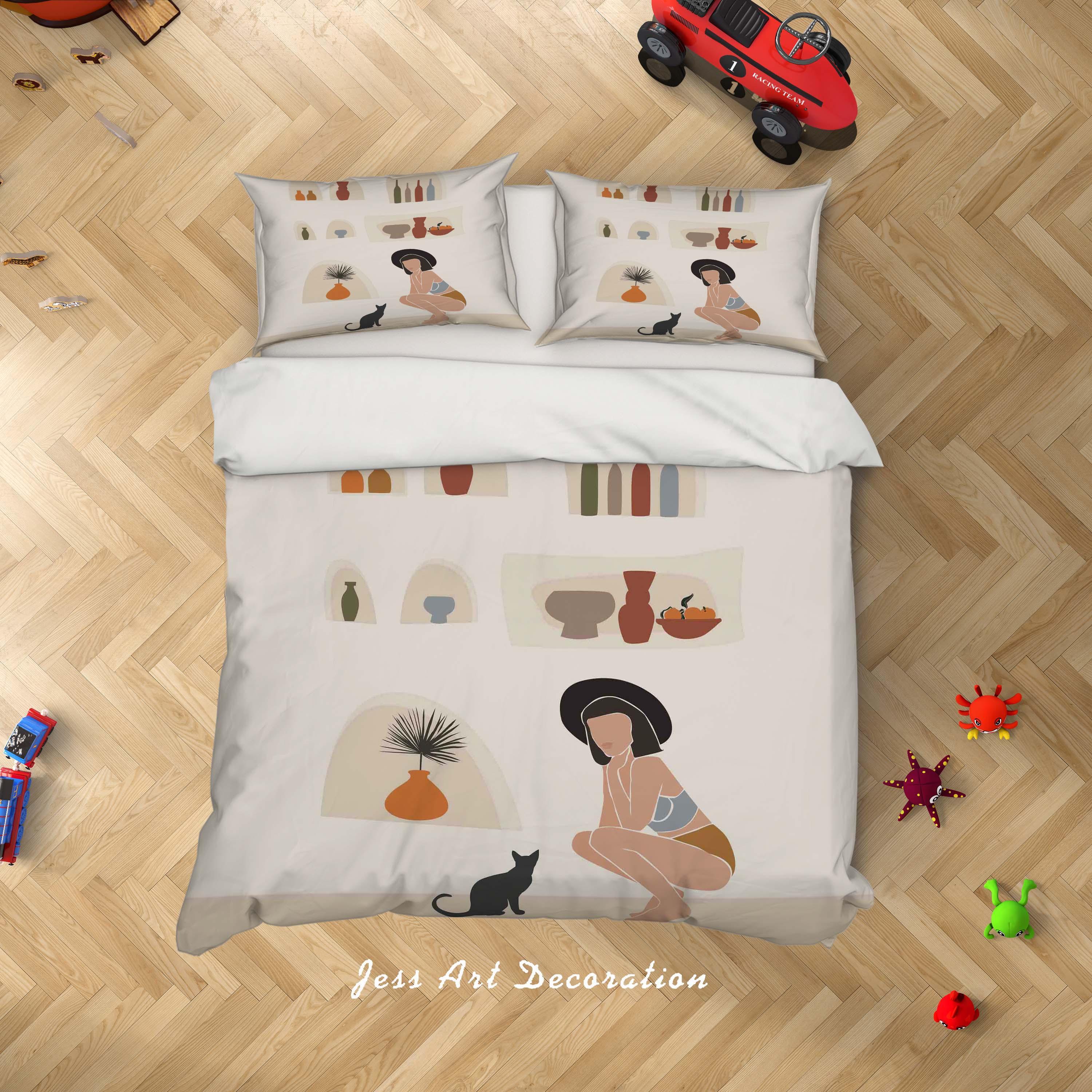 3D Beauty Woman Cat Porcelain Vase Plant Fruit Quilt Cover Set Bedding Set Duvet Cover Pillowcases SF25- Jess Art Decoration