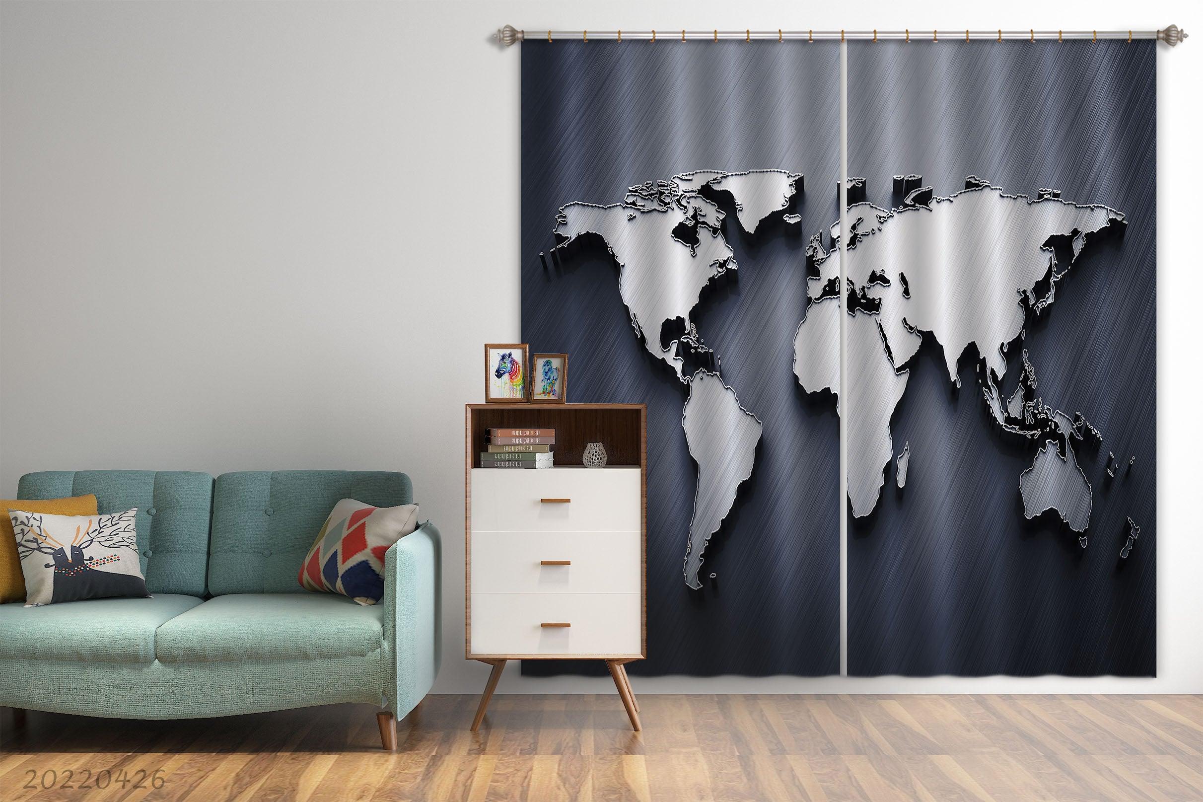 3D Abstract Map Relief Dark Blue Curtains and Drapes GD 4955- Jess Art Decoration