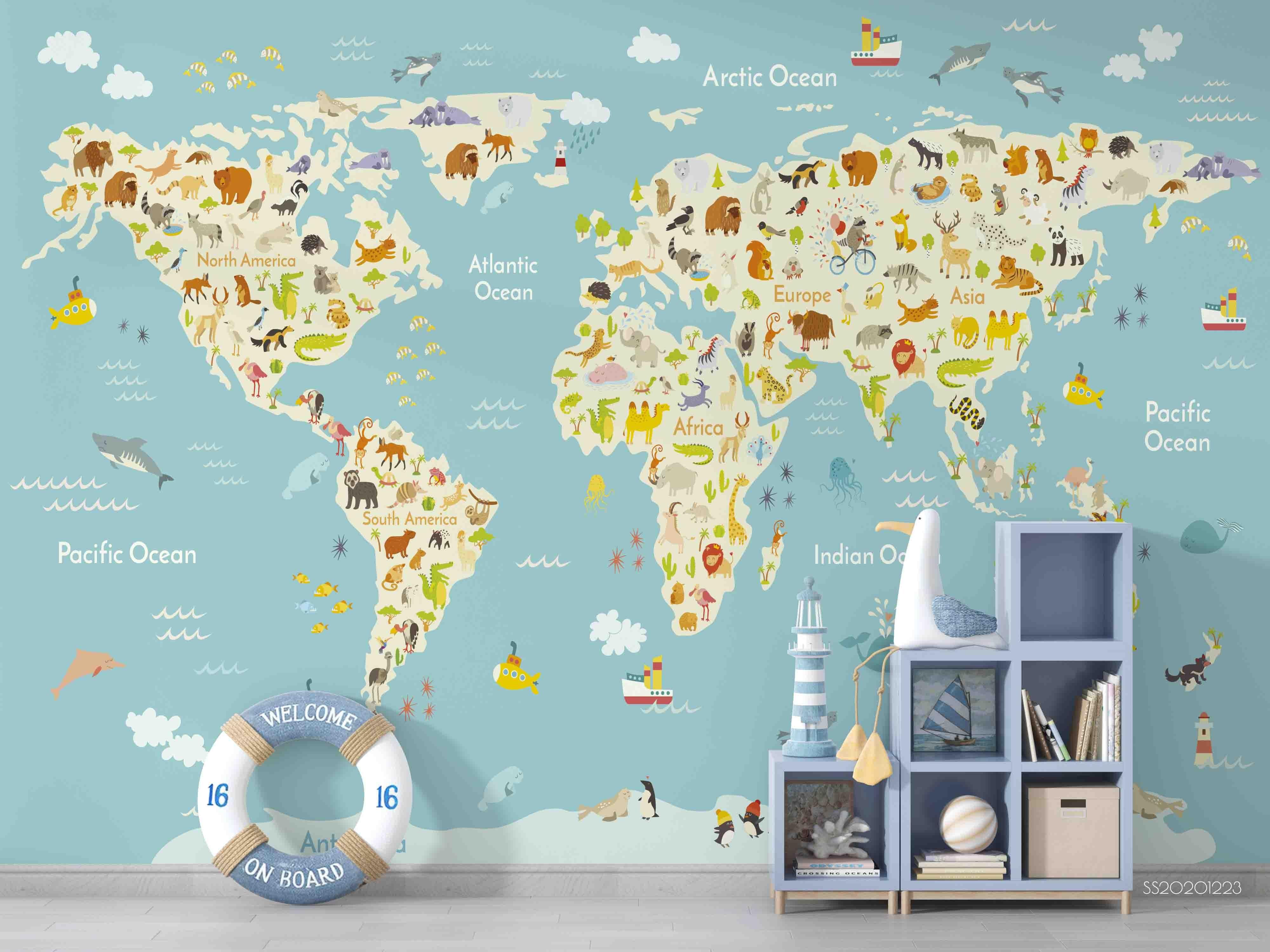 3D Cartoon World Map Wall Mural Wallpaper LQH 148- Jess Art Decoration