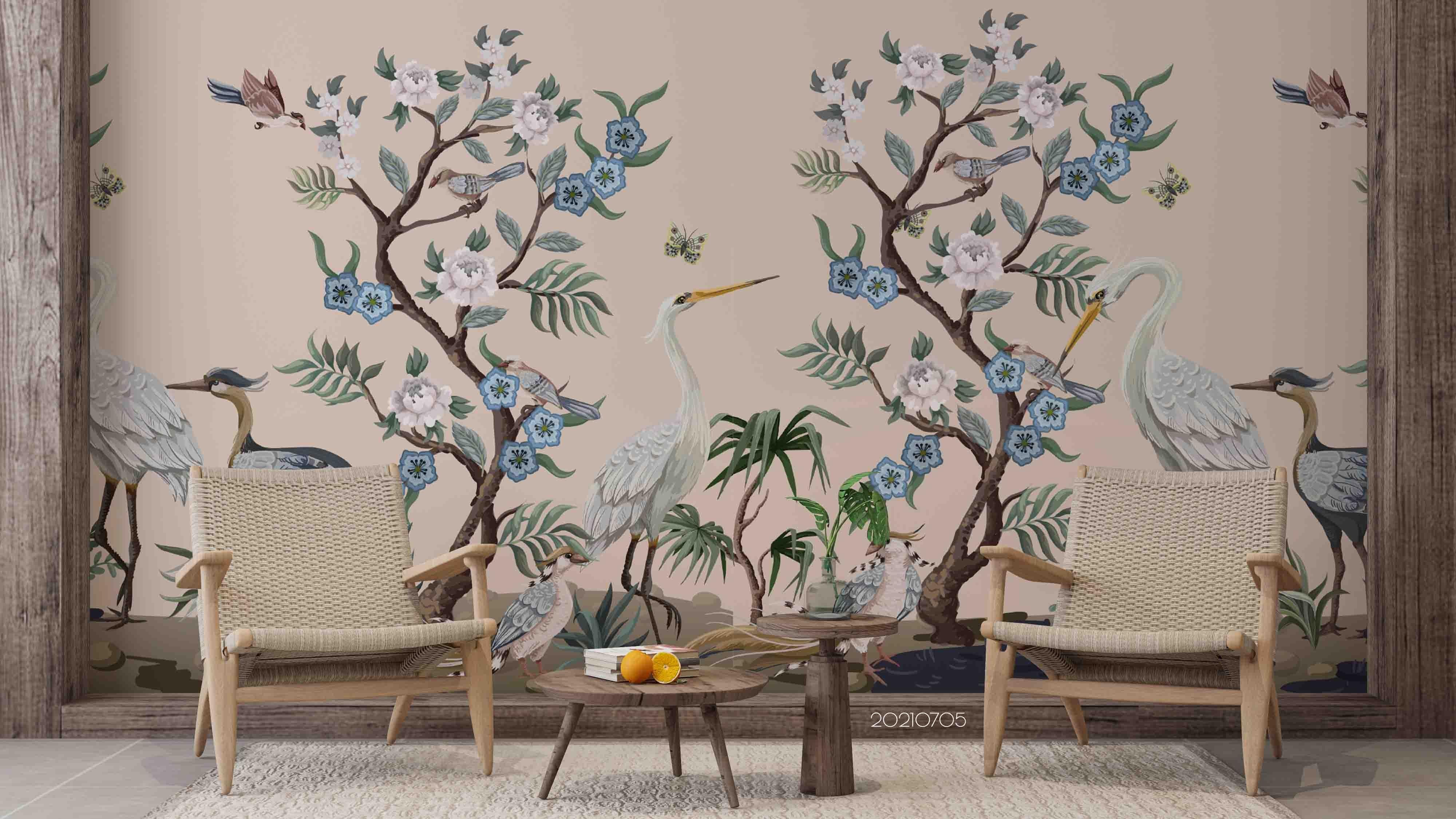 3D Hand Drawn Floral Tree Crane Wall Mural Wallpaper LQH 125- Jess Art Decoration