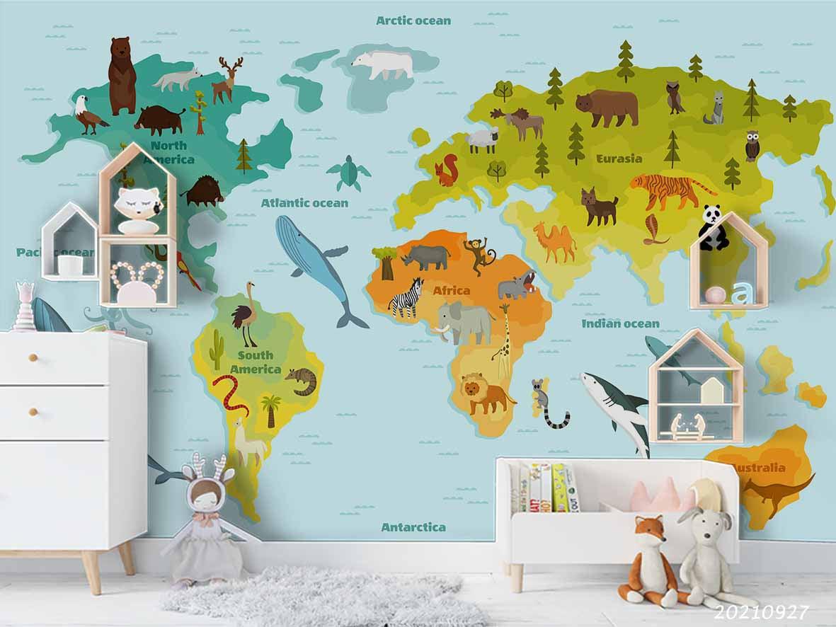 3D Blue World Map Kids Wall Mural Wallpaper LQH 146- Jess Art Decoration