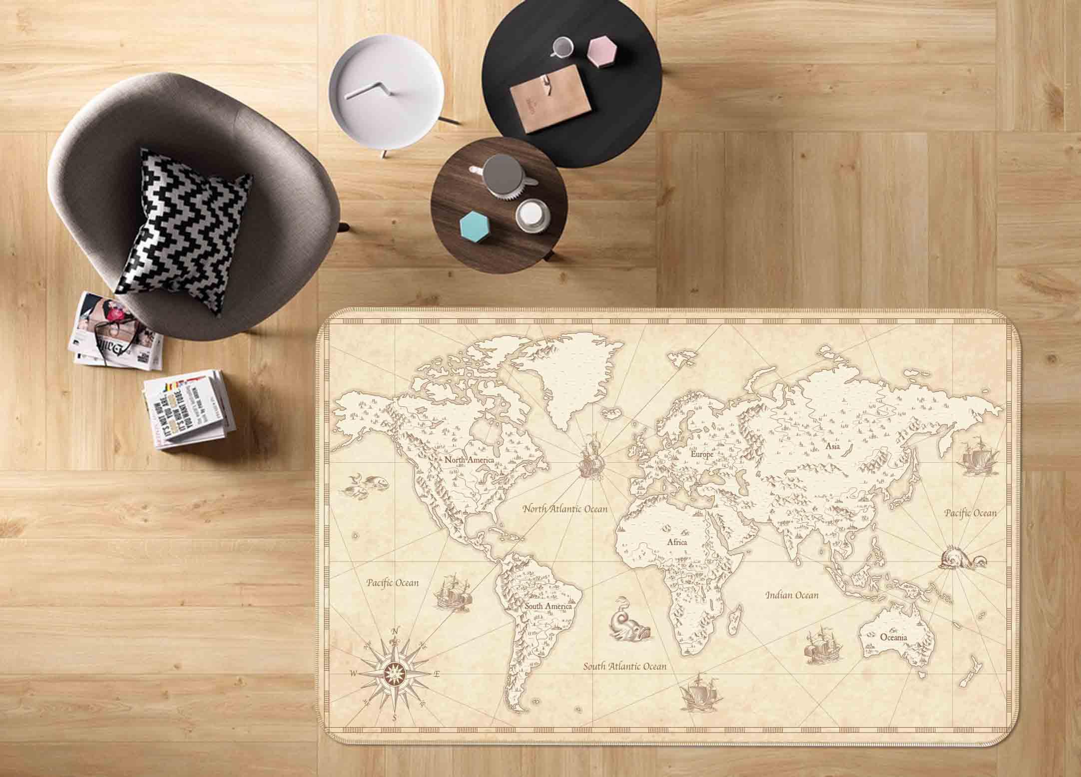 3D World Map Khaki Non-Slip Rug Mat 178- Jess Art Decoration