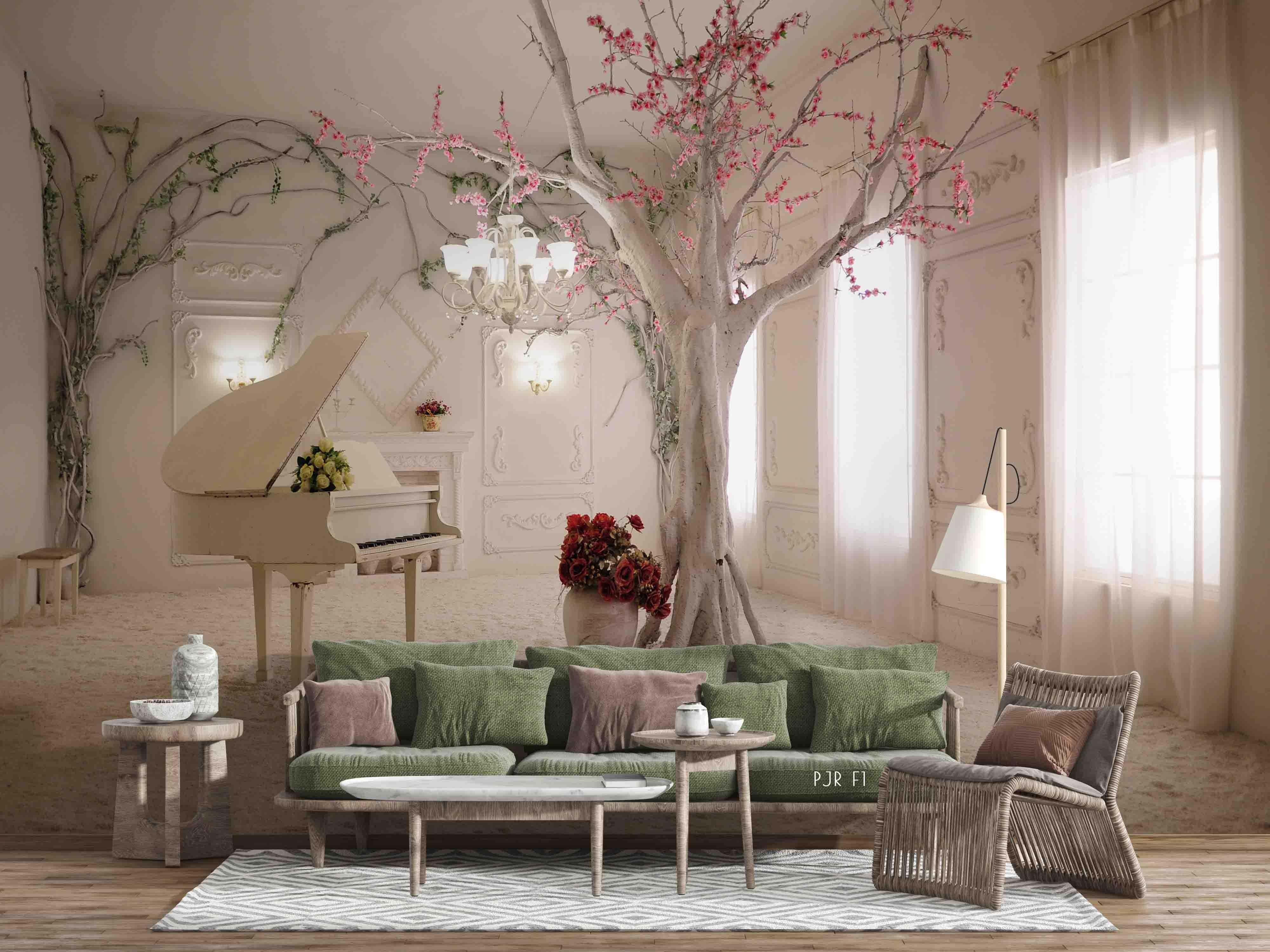 3D Room Piano Floral Tree Wall Mural Wallpaper LQH 15- Jess Art Decoration