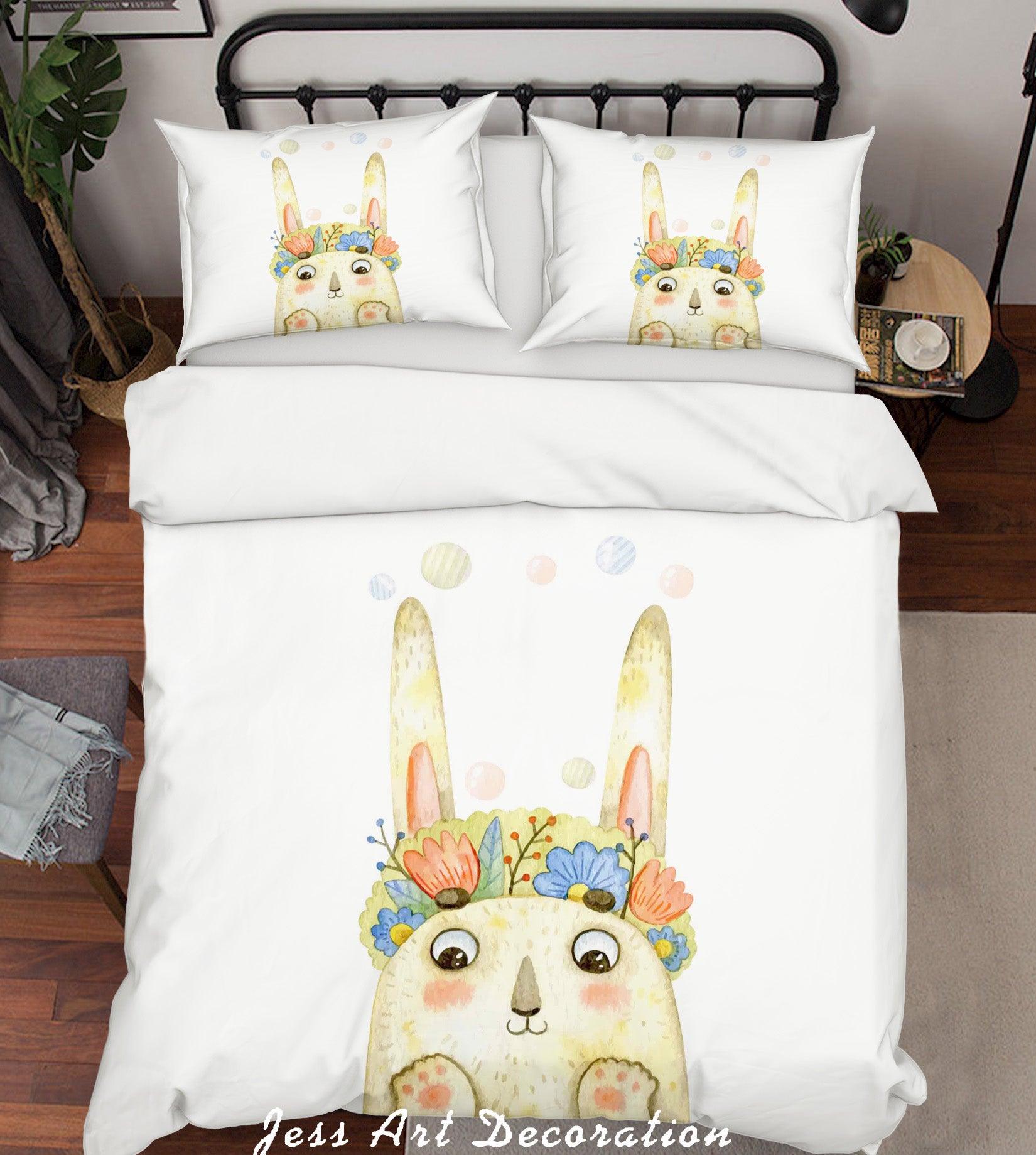 3D White Cartoon Rabbit Floral Quilt Cover Set Bedding Set Duvet Cover Pillowcases SF92- Jess Art Decoration