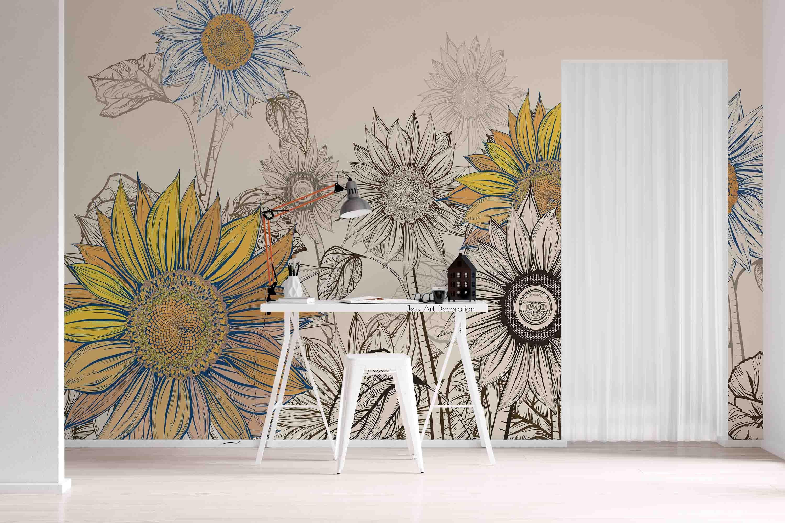 3D Hand Draw Sunflower Wall Mural Wallpaper sww  217- Jess Art Decoration