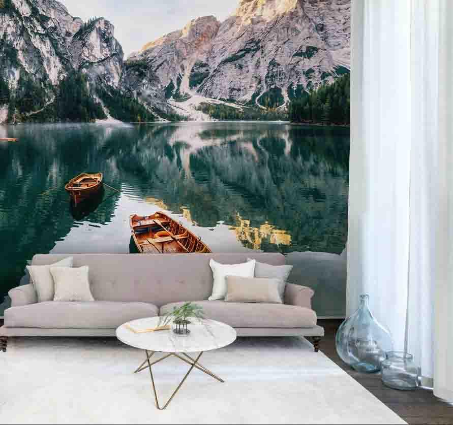 3D Mountains River Boat Wall Mural Wallpaper 67- Jess Art Decoration