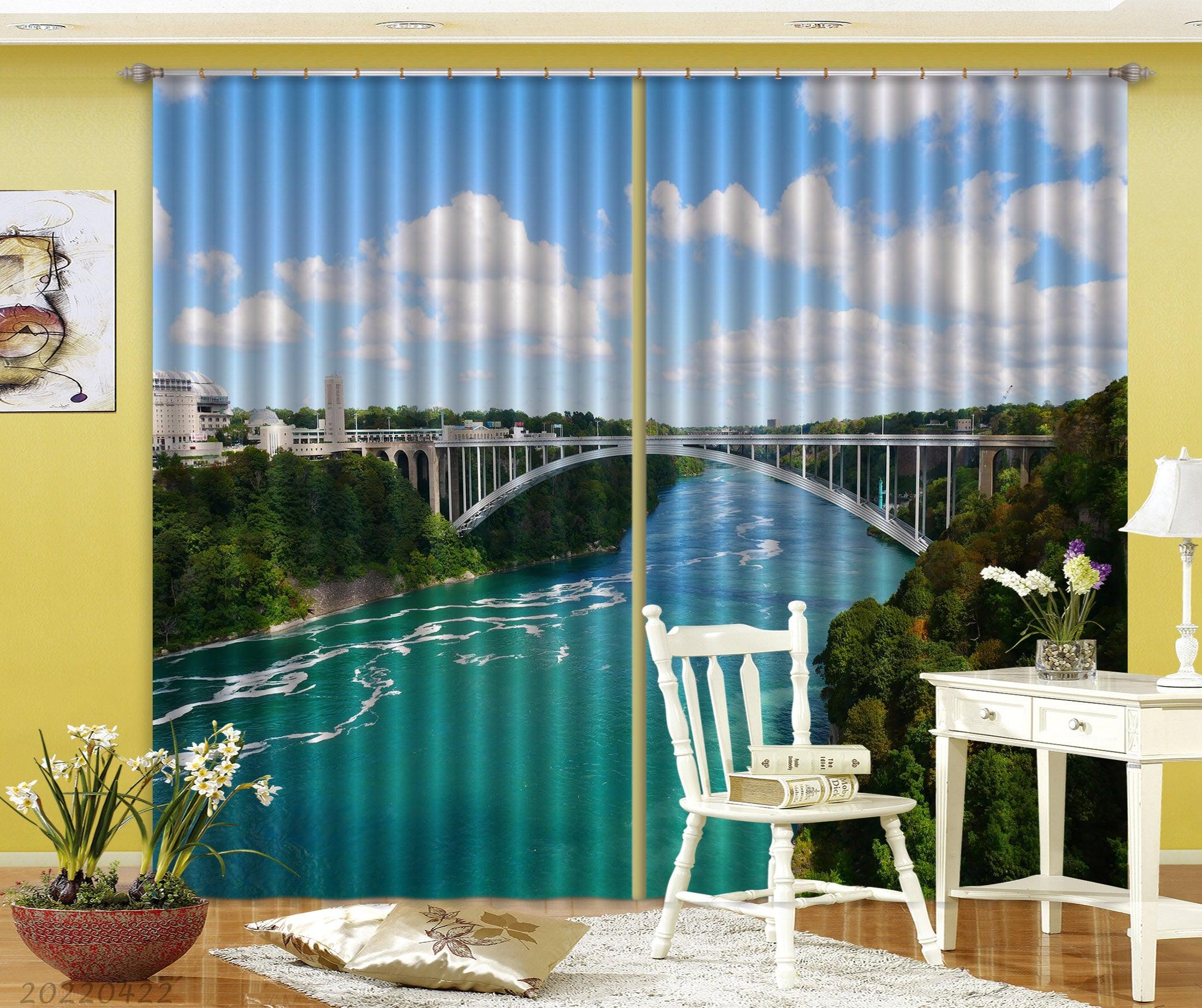3D Landscape River Bridge Riverbank City Building Curtains and Drapes GD 4291- Jess Art Decoration