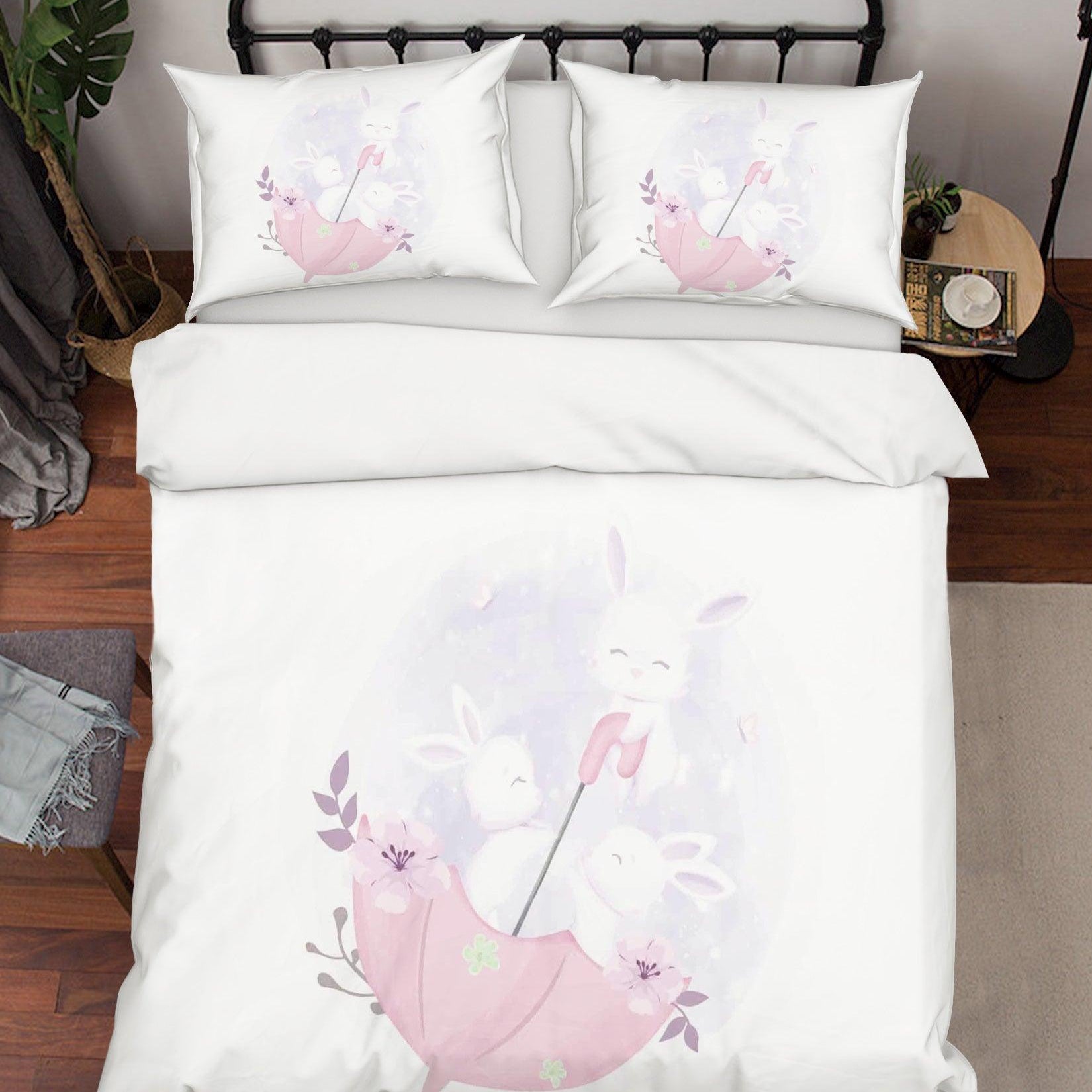 3D White Rabbit Umbrella Quilt Cover Set Bedding Set Duvet Cover Pillowcases SF09- Jess Art Decoration