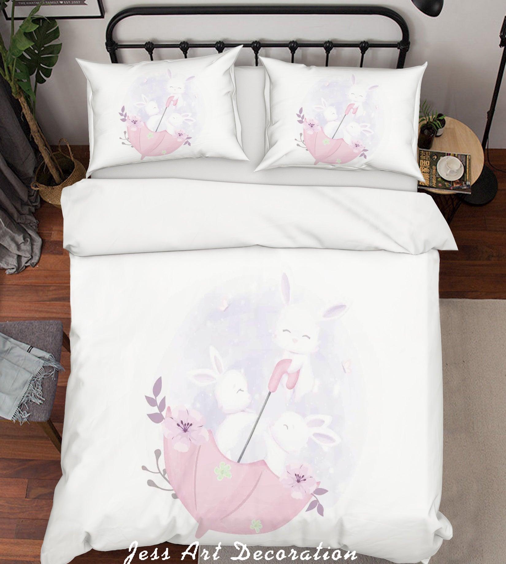 3D White Rabbit Umbrella Quilt Cover Set Bedding Set Duvet Cover Pillowcases SF09- Jess Art Decoration