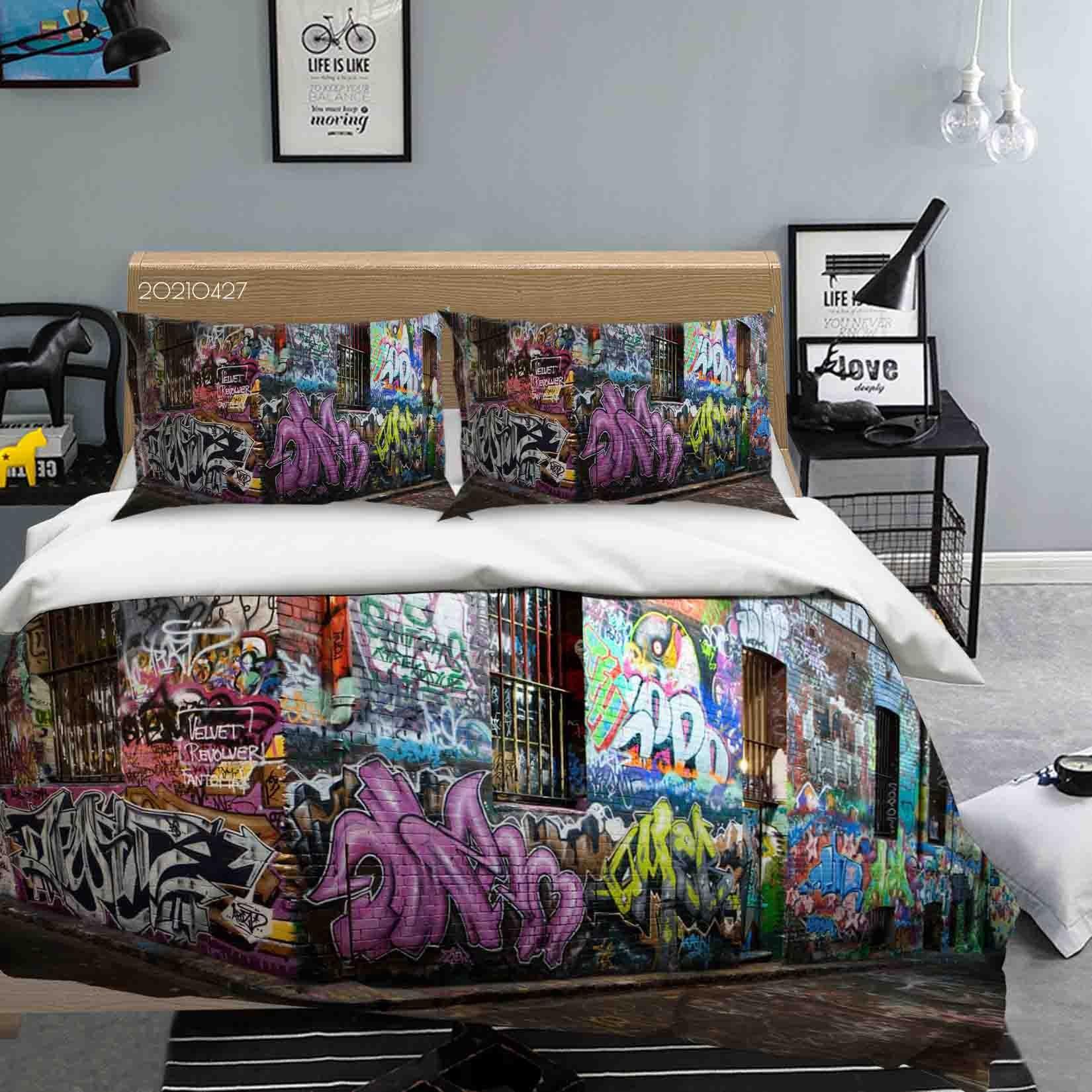 3D Abstract Colored Street Graffiti Quilt Cover Set Bedding Set Duvet Cover Pillowcases 48- Jess Art Decoration