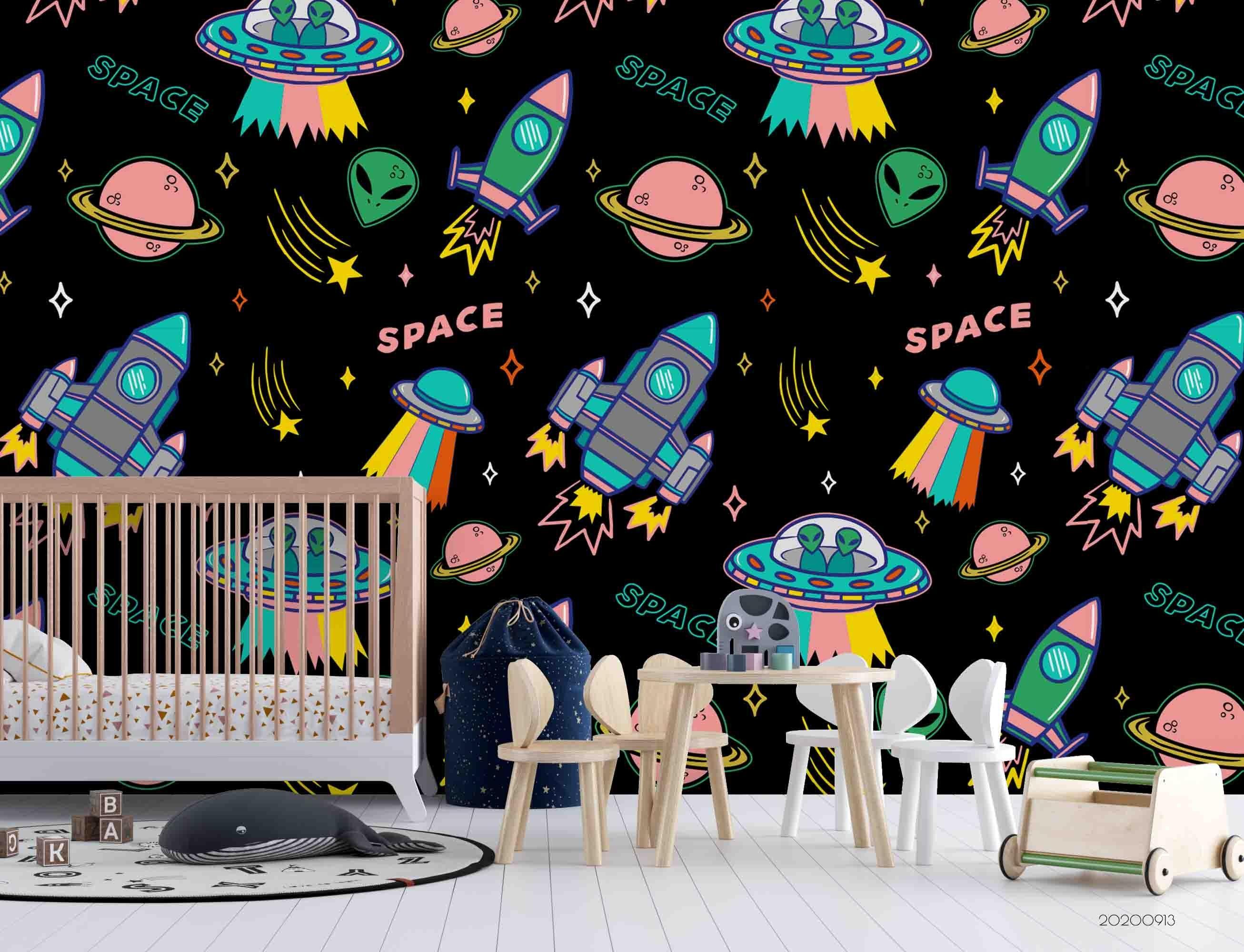 3D UFO Cartoon Space Alien Rocket Planet Wall Mural Wallpaper LXL- Jess Art Decoration