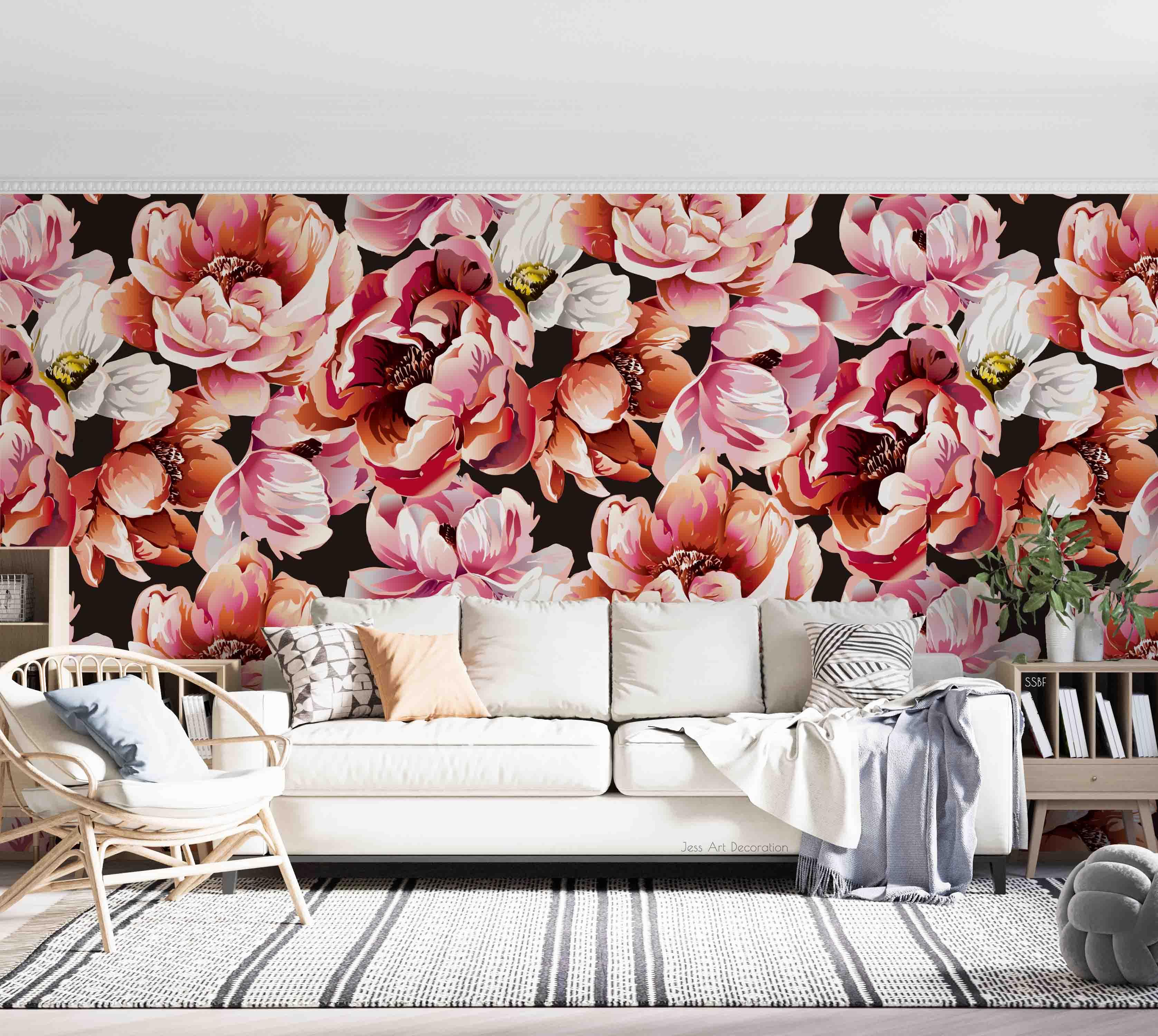 3D Vintage Baroque Art Blooming Pink Peony Watercolor Wall Mural Wallpaper GD 3569- Jess Art Decoration