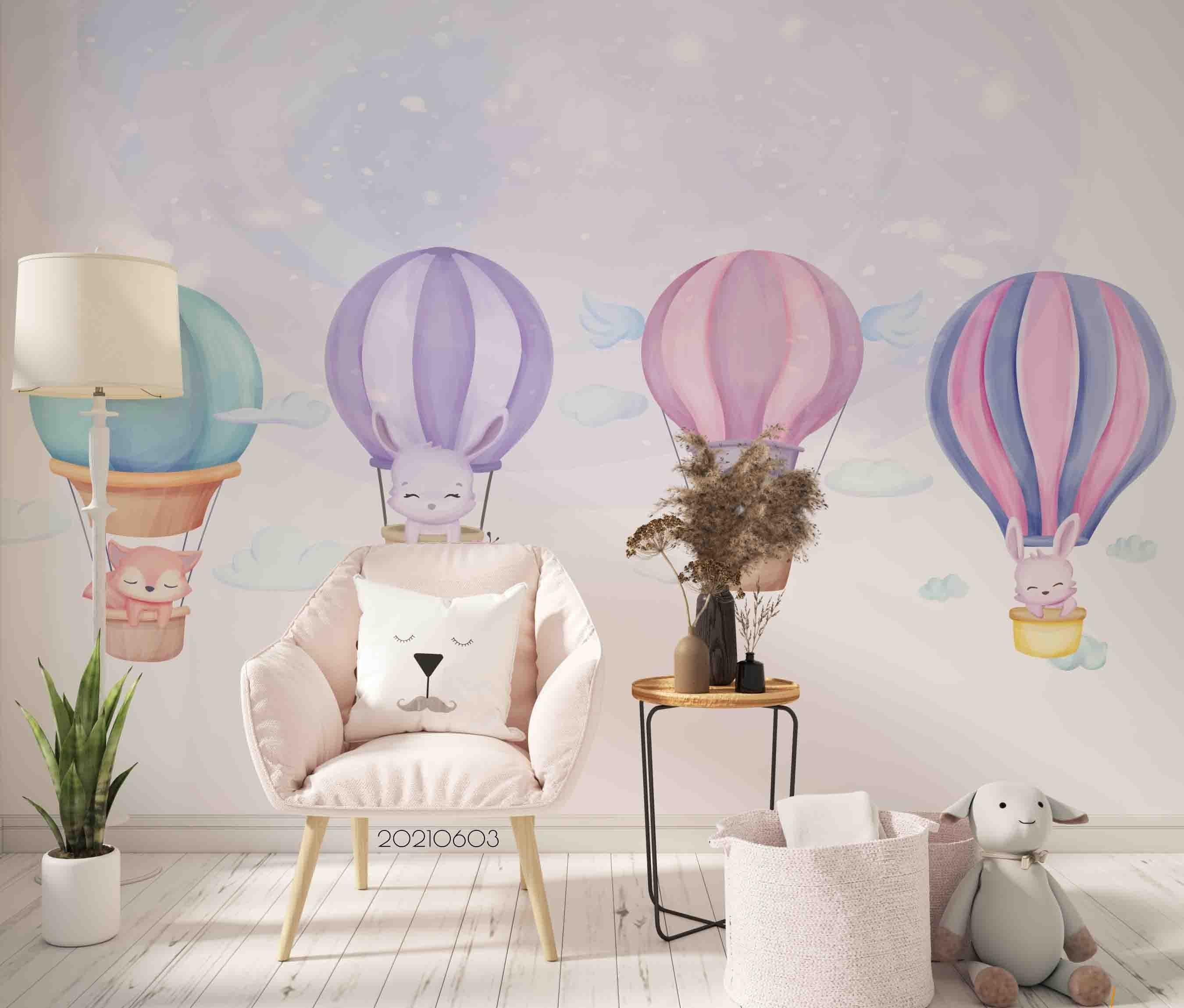 3D Baby  Animal Cute Cartoon Air balloon Wall Mural Wallpaper SWW562- Jess Art Decoration