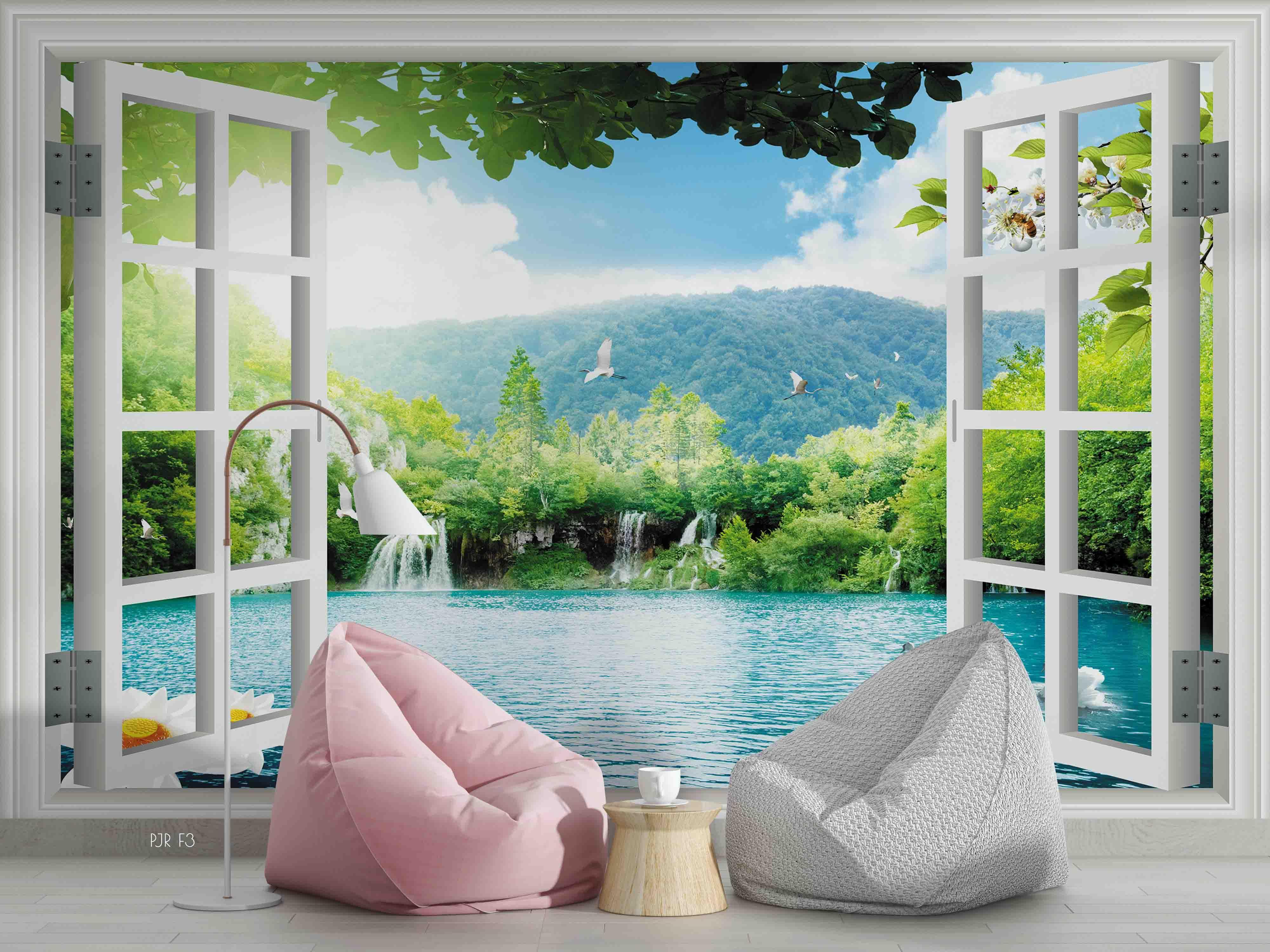3D Window Green Mountain Plant Tree Scenery Wall Mural Wallpaper LXL- Jess Art Decoration