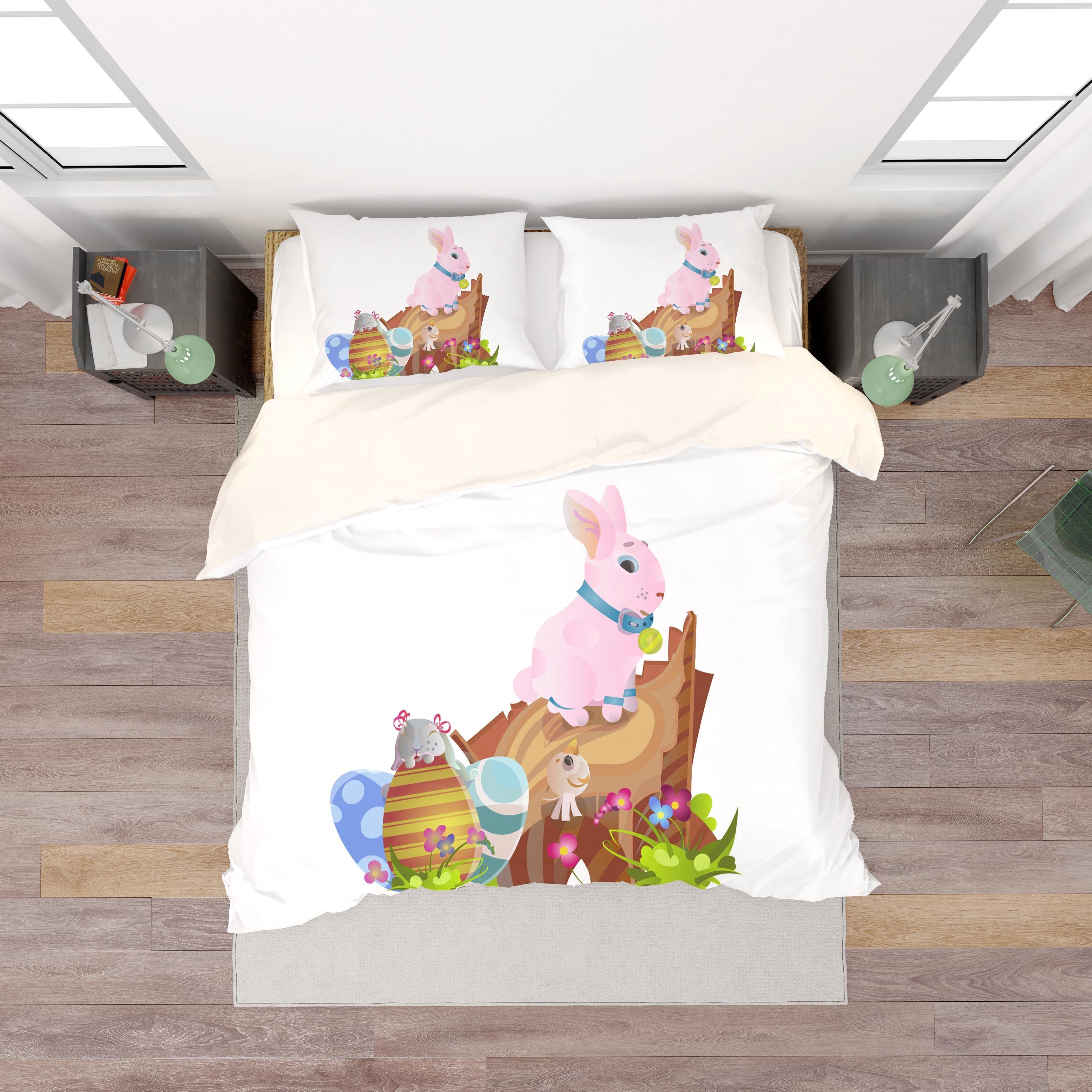 3D White Rabbit Eggs Floral Quilt Cover Set Bedding Set Duvet Cover Pillowcases SF20- Jess Art Decoration