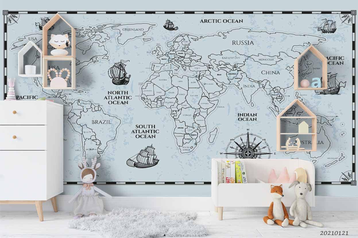 3D Hand Drawn Blue World Map Wall Mural Wallpaper LQH 6- Jess Art Decoration
