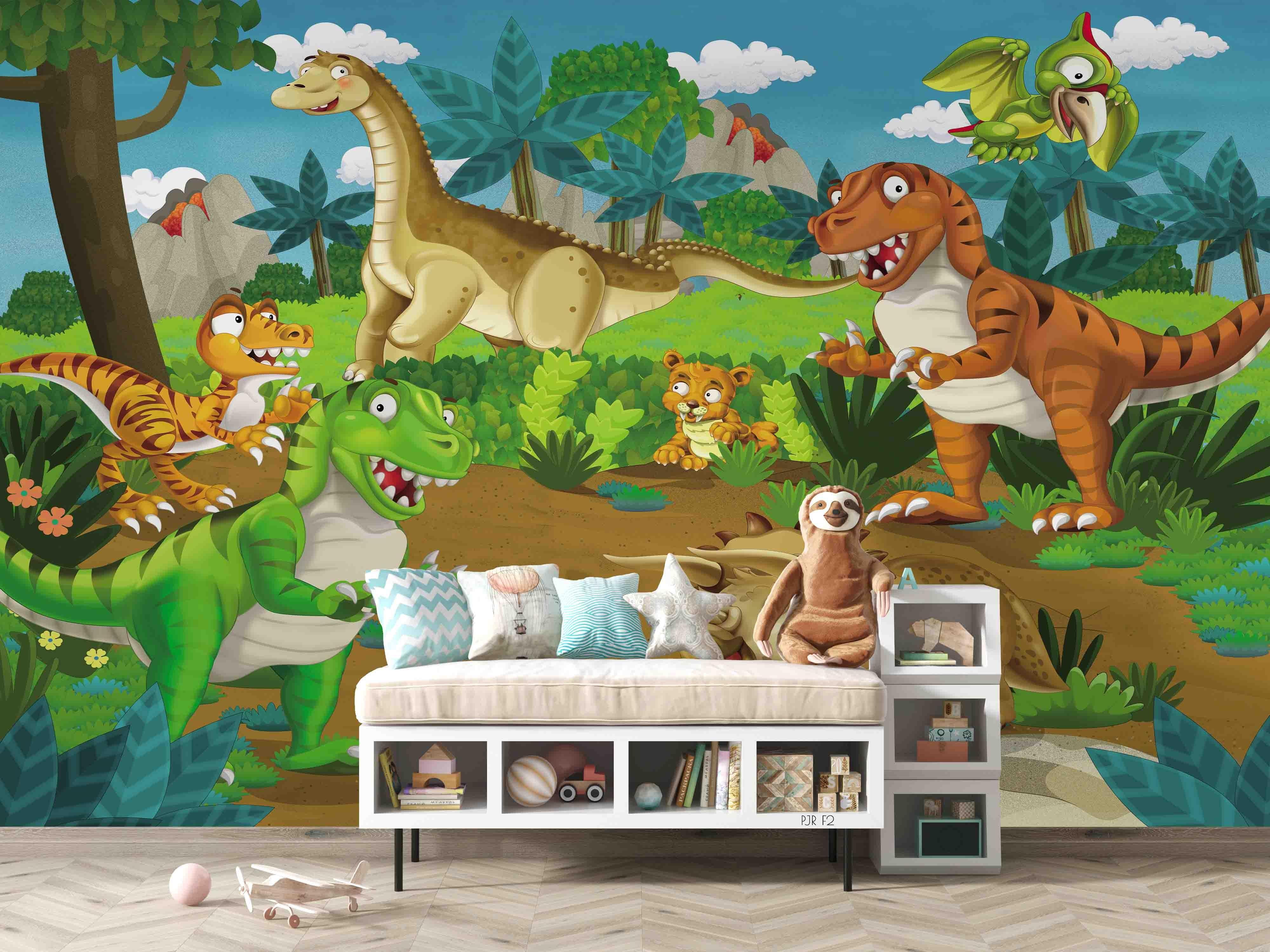 3D Dinosaur Tigers Jungle cartoon dinosaur jungle mural wall mural wallpaper for playroom - view 3