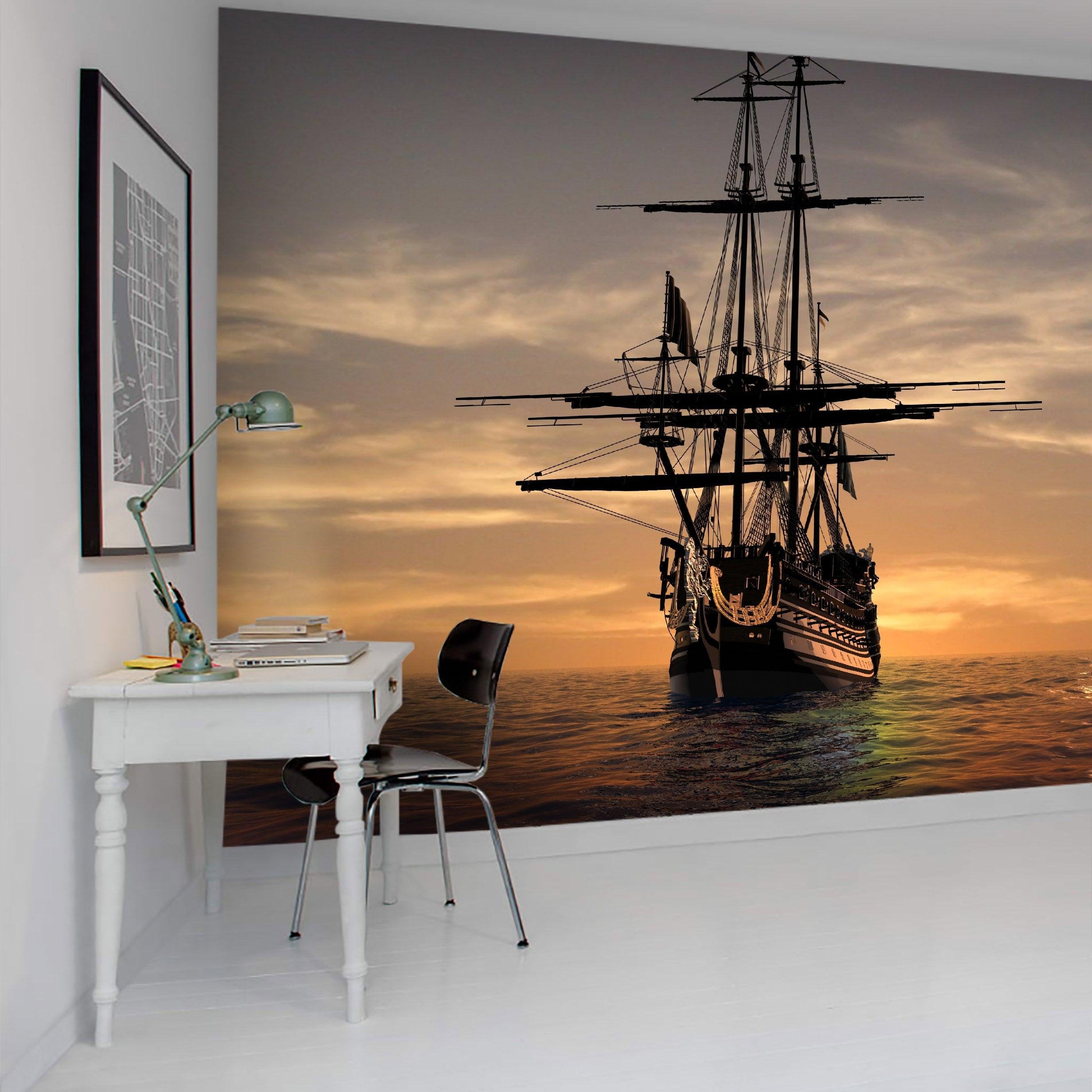 3D Ship Sea Sunset Wall Mural Wallpaper 01- Jess Art Decoration