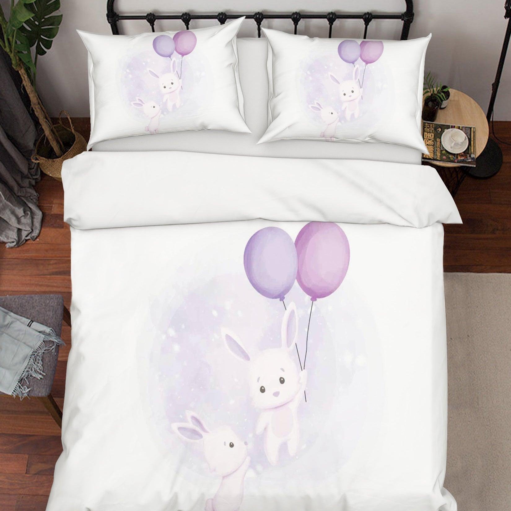 3D White Rabbit Balloon Quilt Cover Set Bedding Set Duvet Cover Pillowcases SF07- Jess Art Decoration
