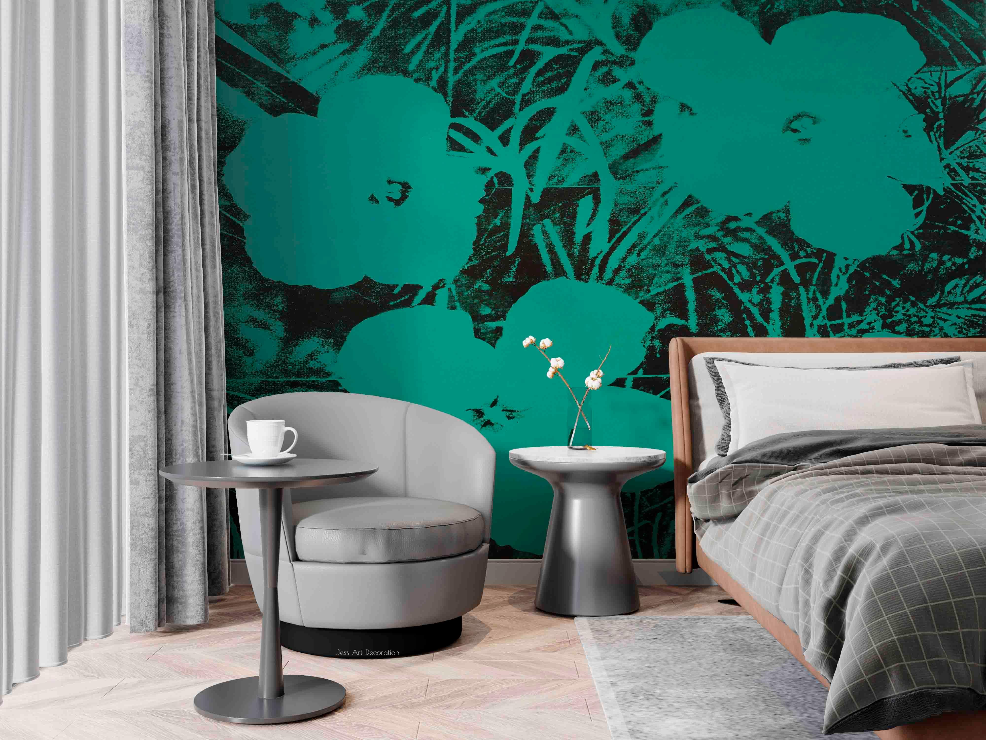Green Flower Pattern Contemporary Wallpaper contemporary street art wall mural for creative room or feature wall - view 4