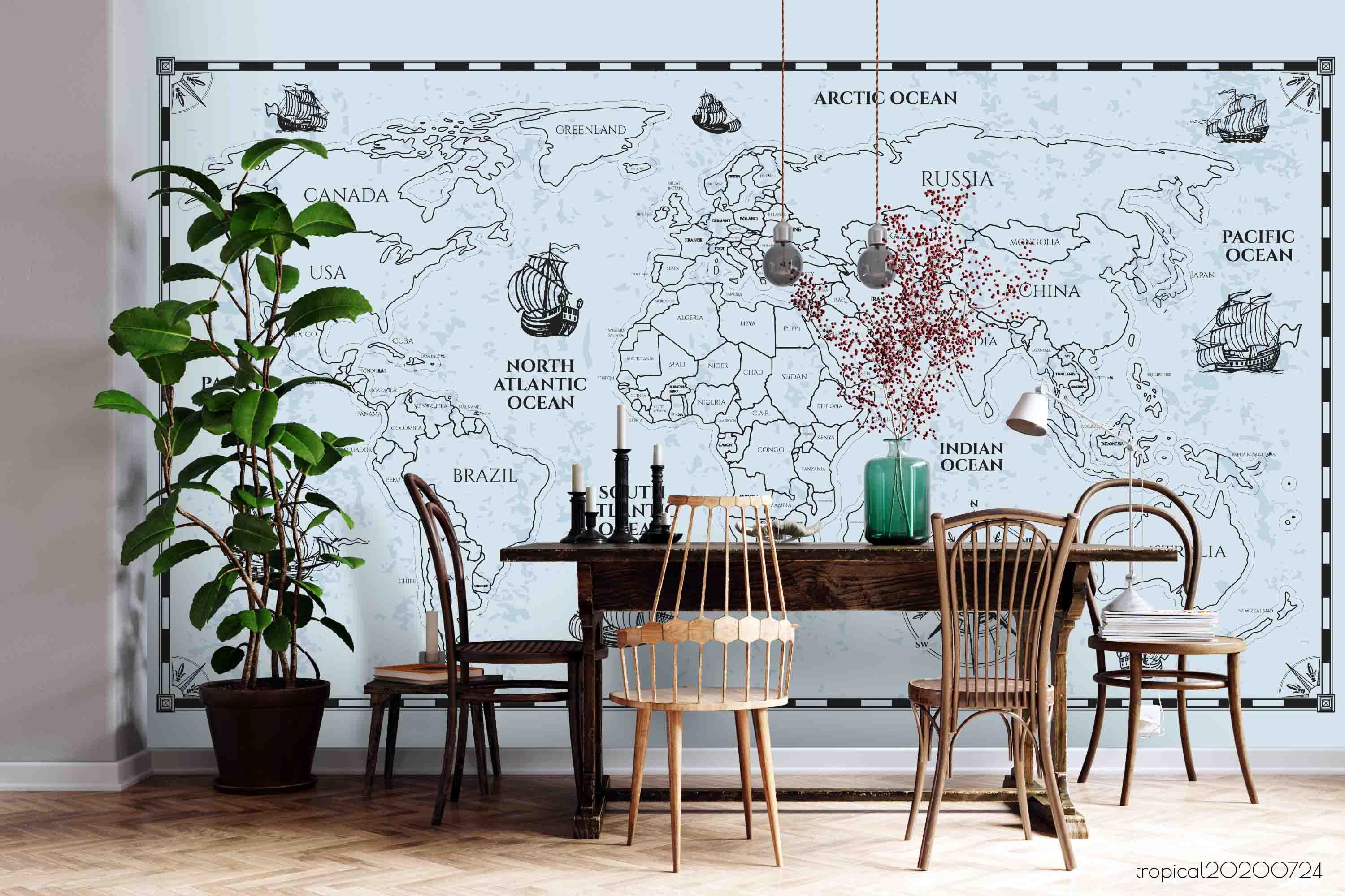 3D World Map Nautical Compass Blue Wall Mural Wallpaper LXL 485- Jess Art Decoration