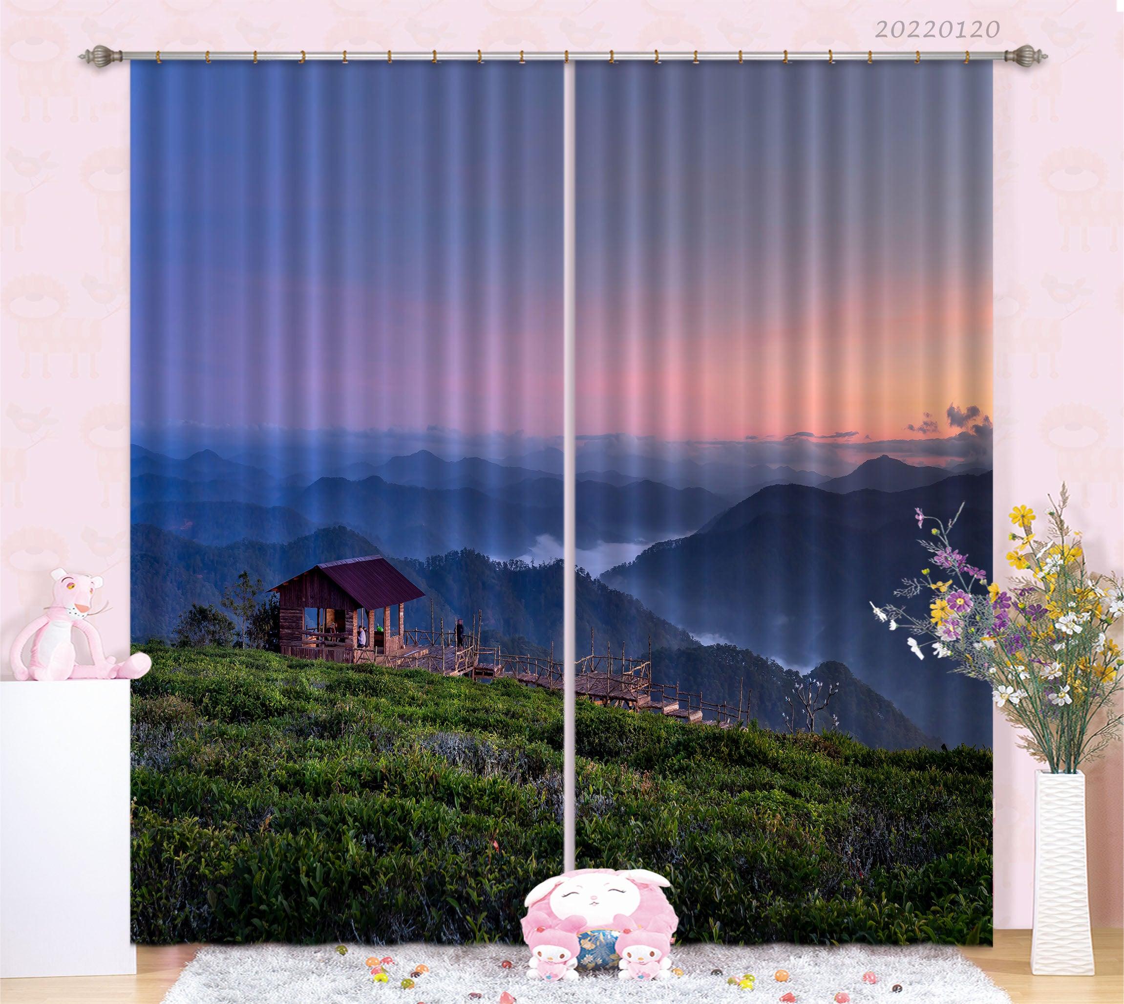 3D Mountain River Log Cabin Stairs Green Plant Curtains and Drapes GD 1623- Jess Art Decoration
