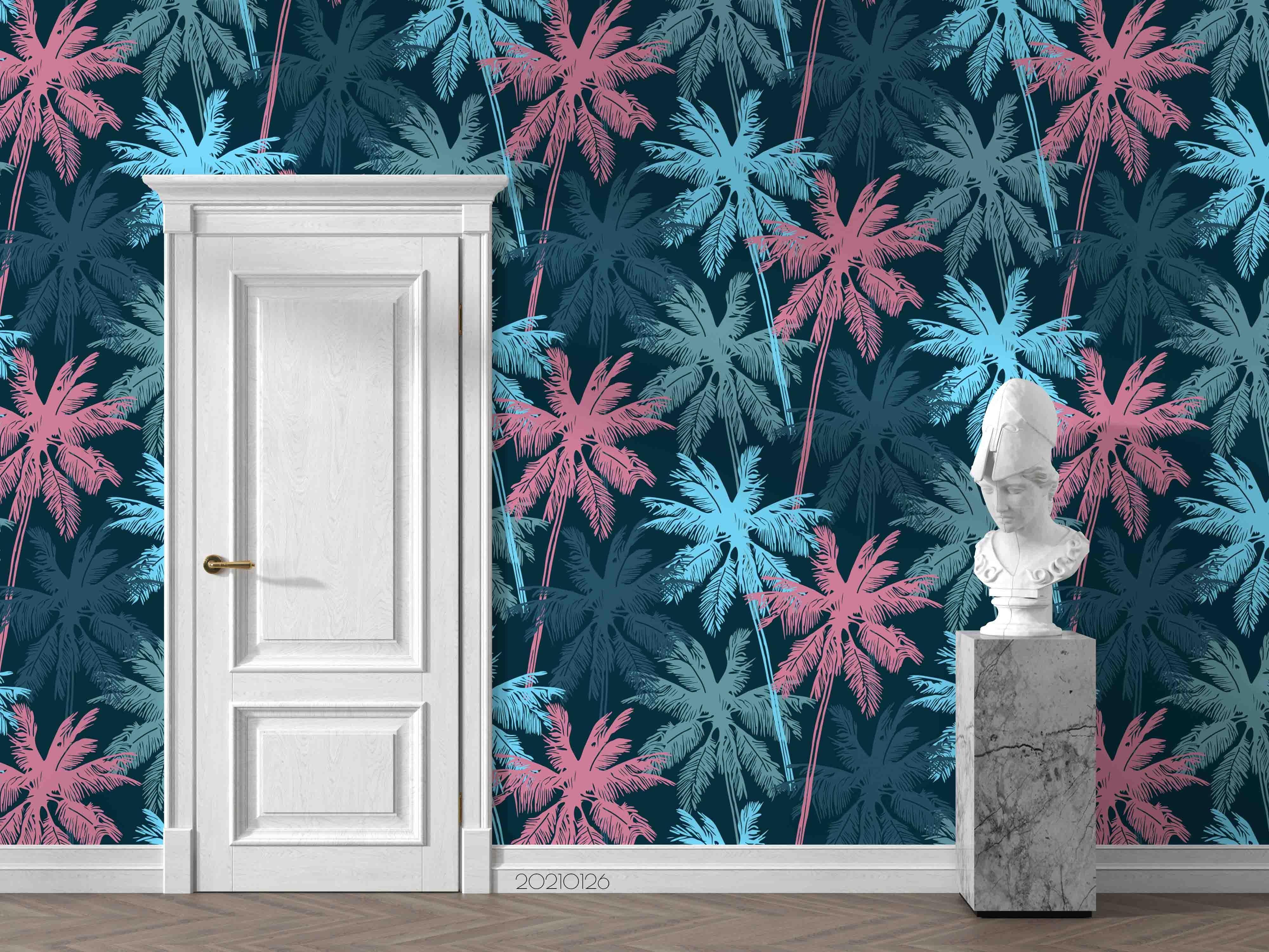 3D Hand Drawn Blue Pink Palm Tree Wall Mural Wallpaper LQH 53- Jess Art Decoration