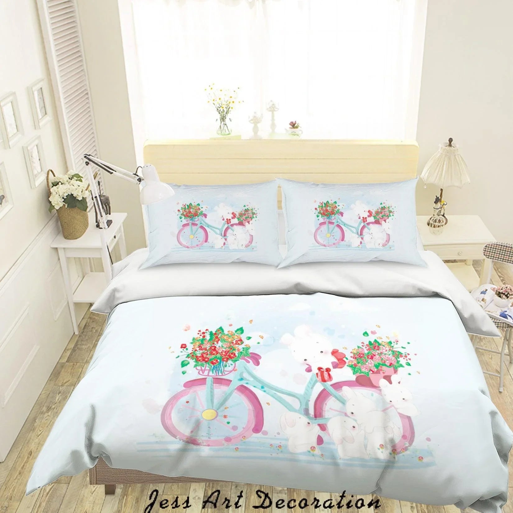 3D Blue Rabbit Floral Bicycle Quilt Cover Set Bedding Set Duvet Cover Pillowcases SF99- Jess Art Decoration