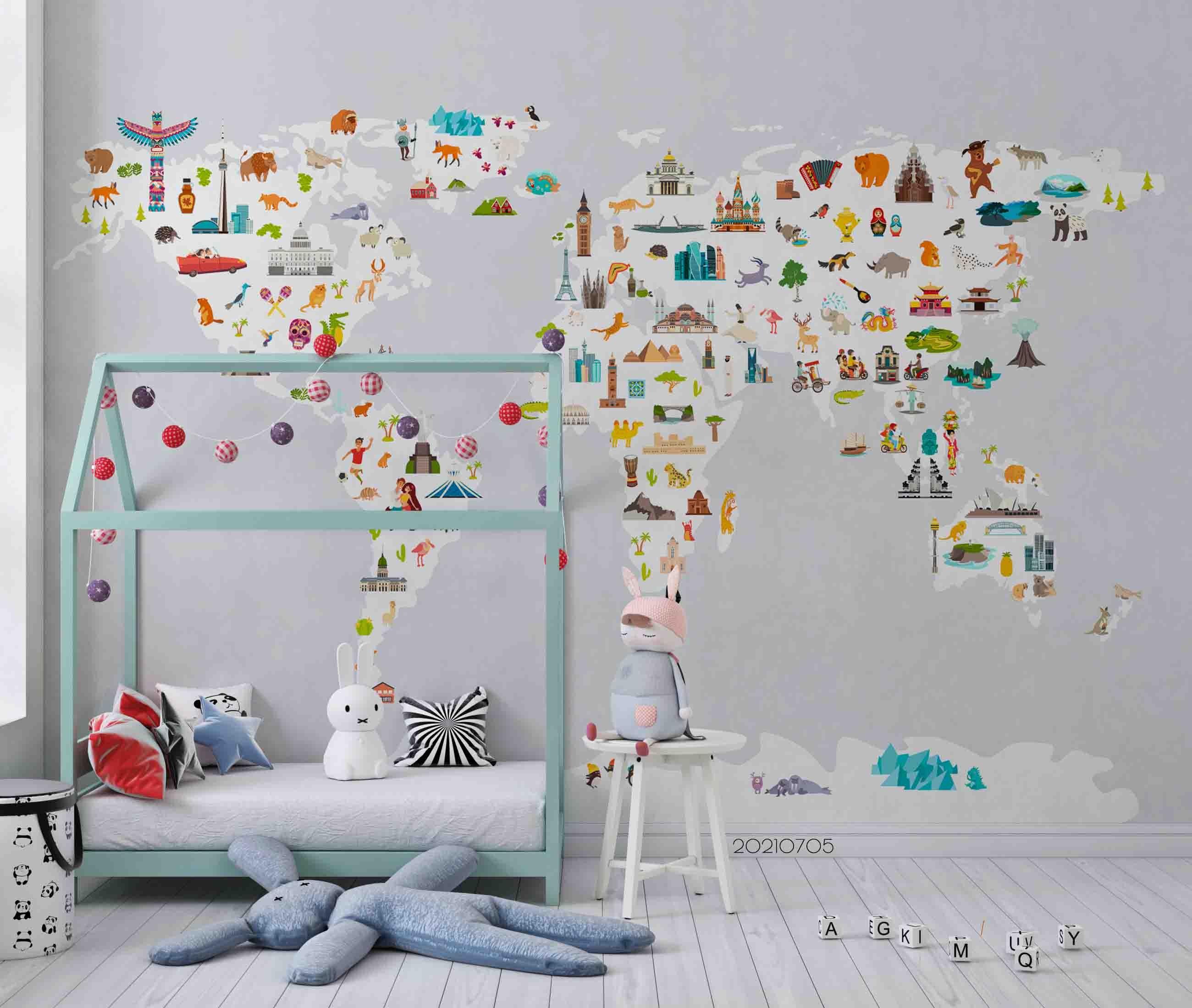 3D Cartoon World Map Wall Mural Wallpaper LQH 113- Jess Art Decoration