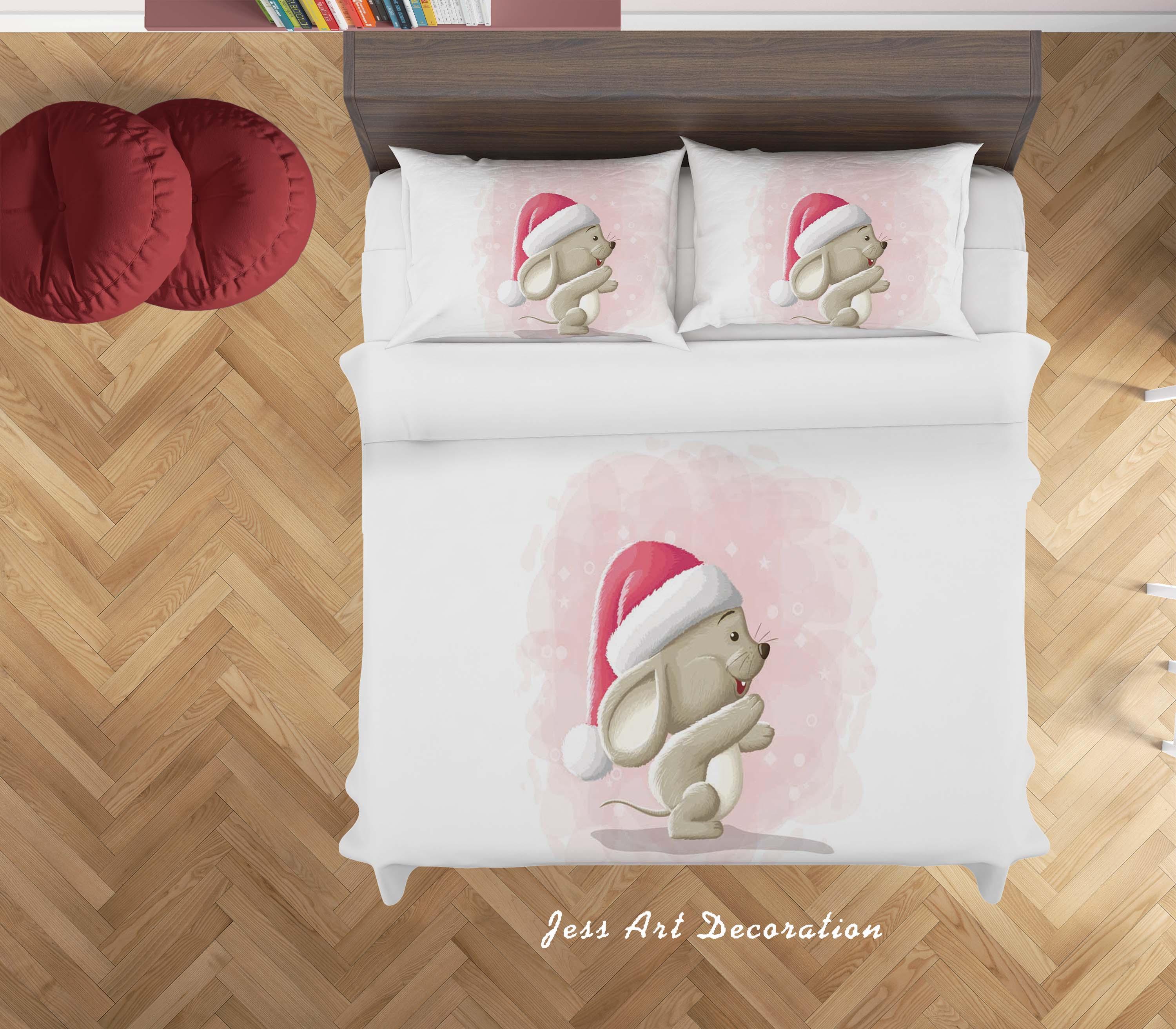 3D White Mouse Christmas Hat Quilt Cover Set Bedding Set Duvet Cover Pillowcases SF43- Jess Art Decoration