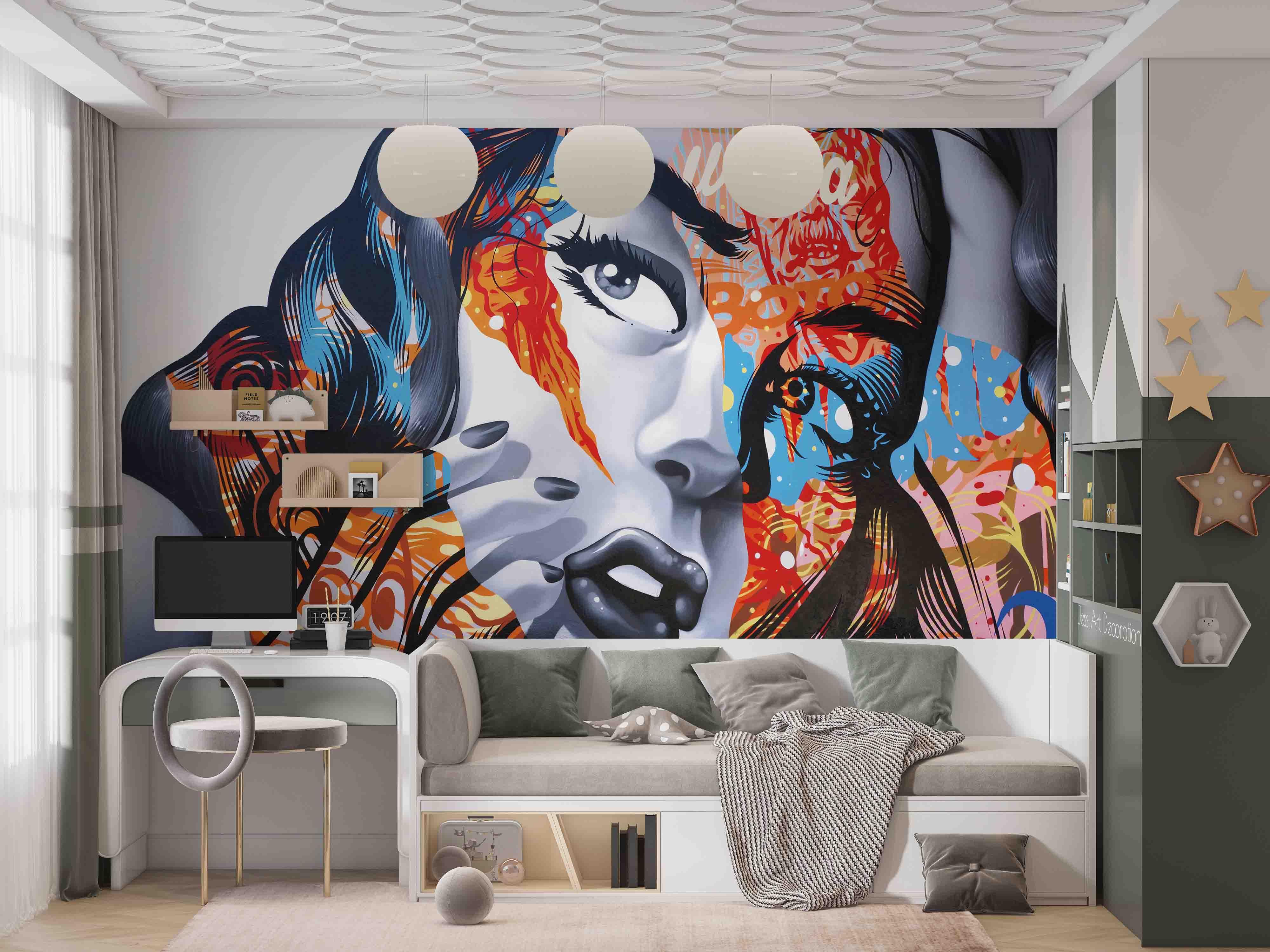 Graffiti Female Face Finger Wallpaper portrait street art wall mural for bedroom or creative studio - view 4