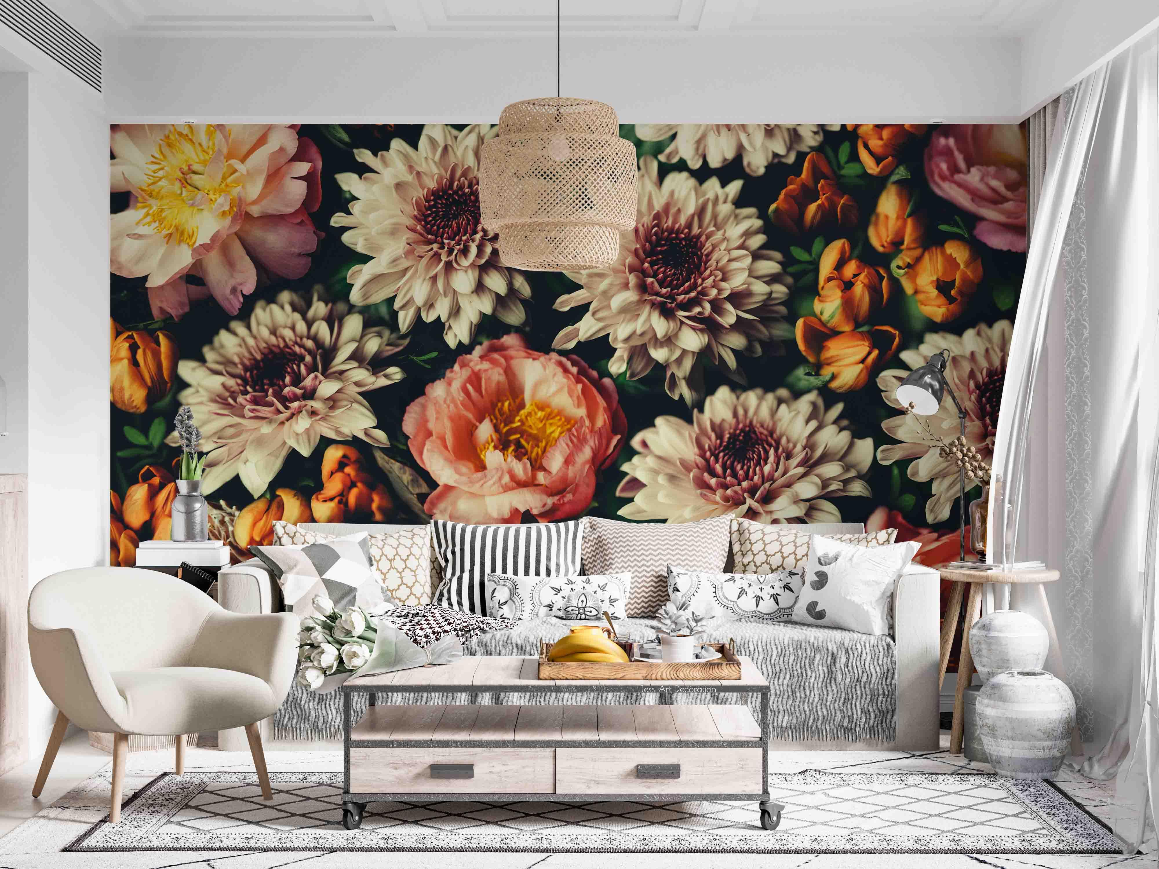 3D Vintage Baroque Art Blooming Flowers Black Background Wall Mural Wallpaper GD 3661- Jess Art Decoration