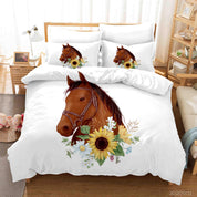 3D Hand Drawn Fine Art Brown Horse Animal Sun Flower Yellow Floral Quilt Cover Set Bedding Set Duvet Cover Pillowcases LXL- Jess Art Decoration