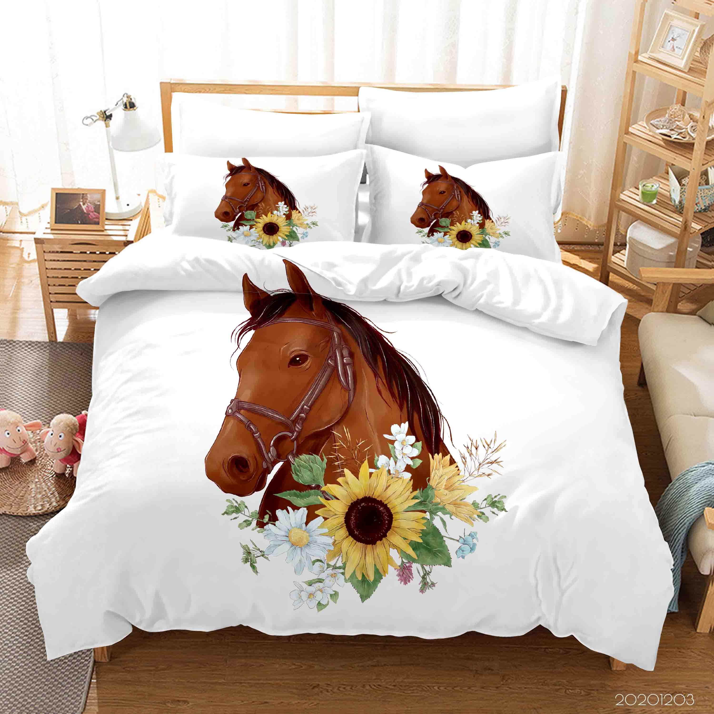 3D Hand Drawn Fine Art Brown Horse Animal Sun Flower Yellow Floral Quilt Cover Set Bedding Set Duvet Cover Pillowcases LXL- Jess Art Decoration