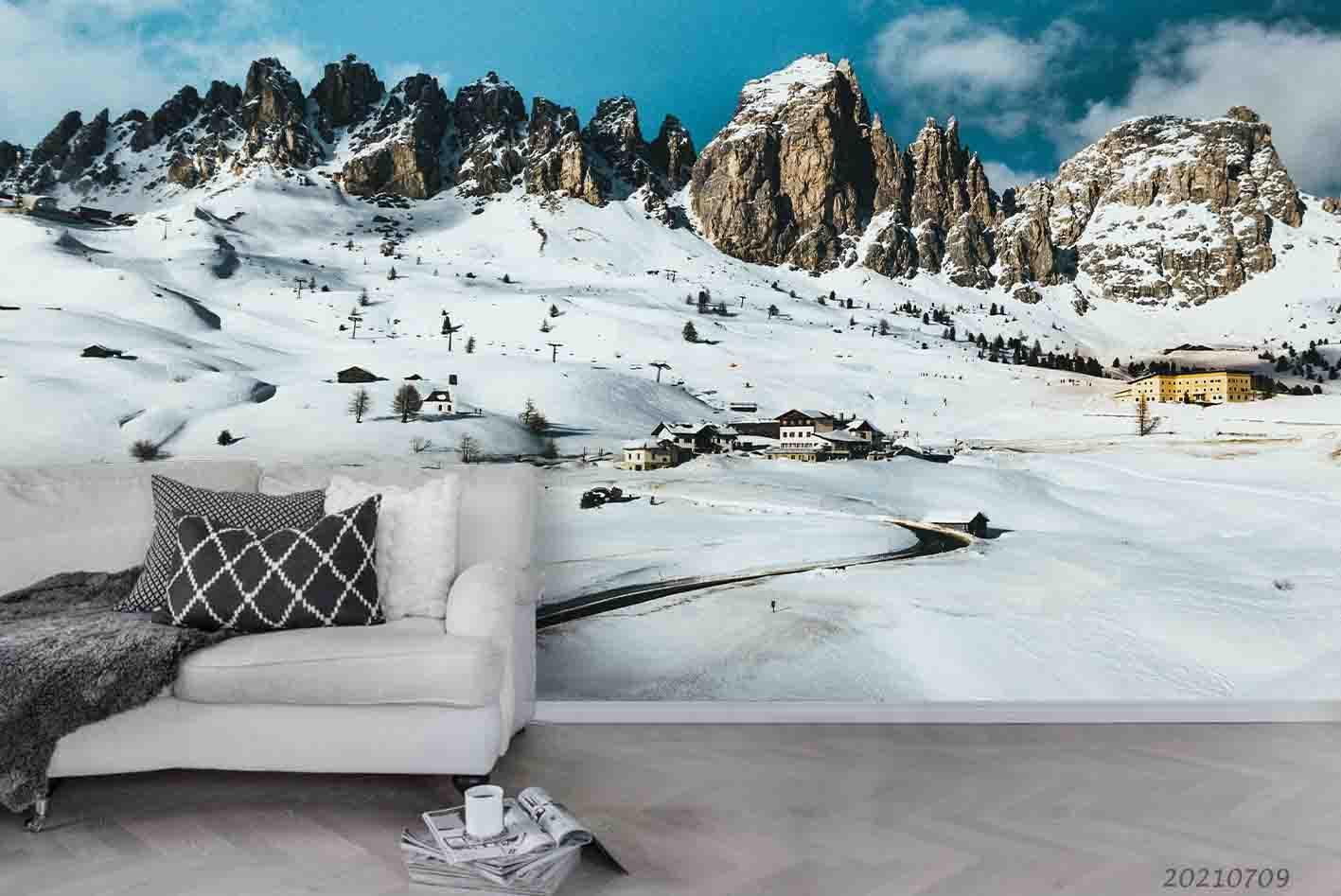 3D Winter Snow Mountain Village Wall Mural Wallpaper SWW4117- Jess Art Decoration