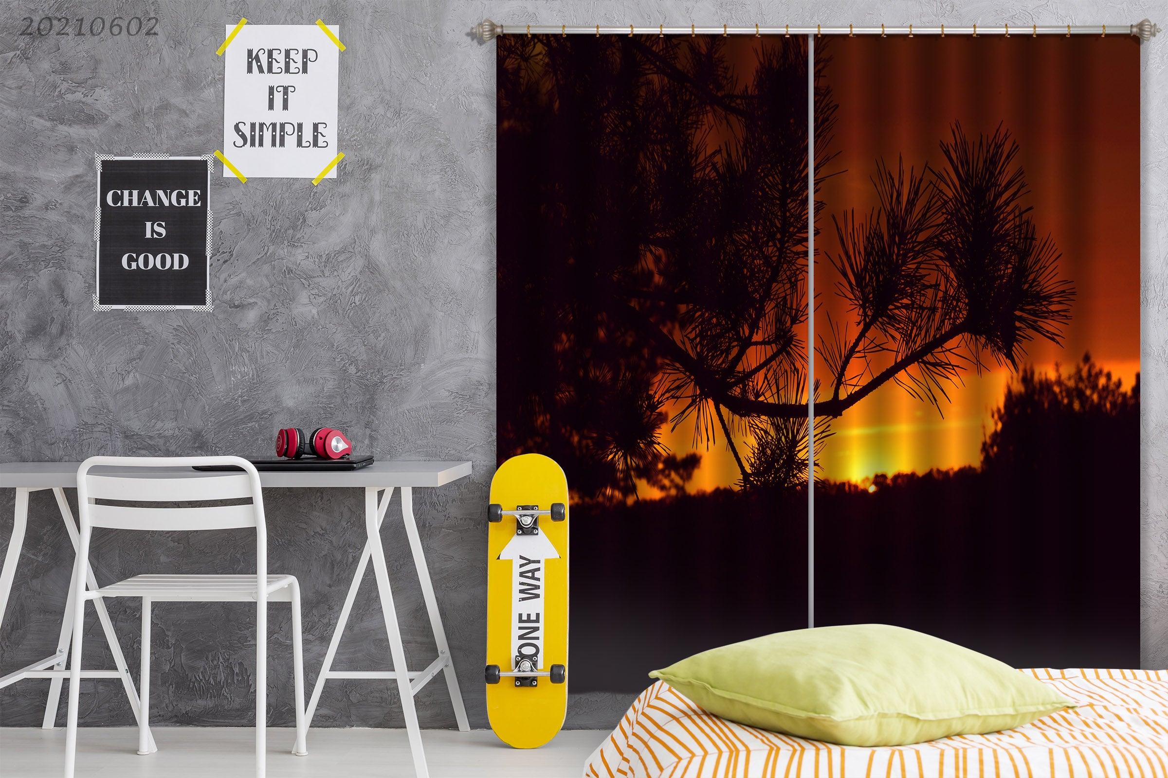 3D Pine Branch Sunset Red Sky Curtains and Drapes GD 681- Jess Art Decoration