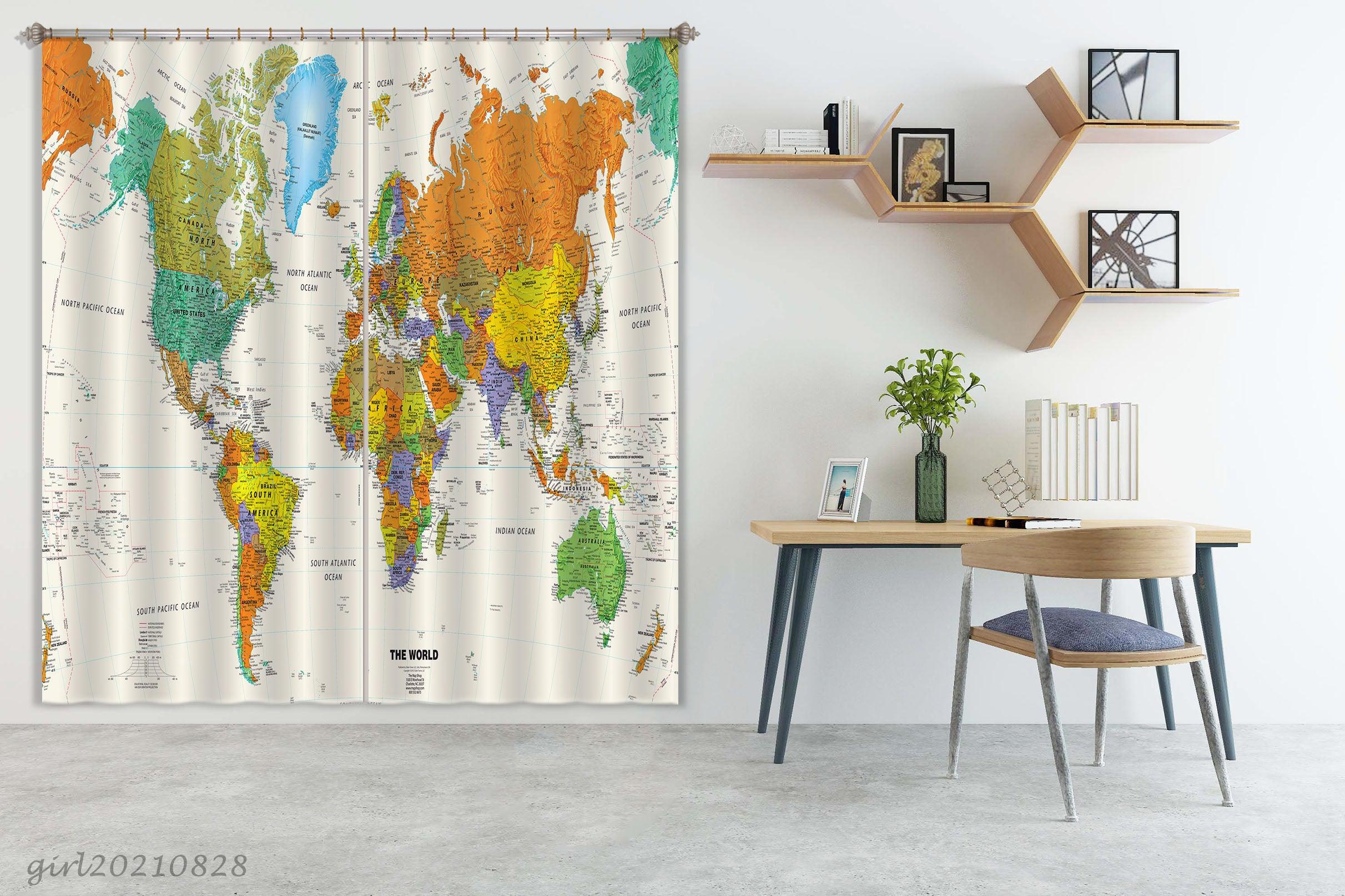 3D Color World Map Curtains and Drapes LQH 97- Jess Art Decoration