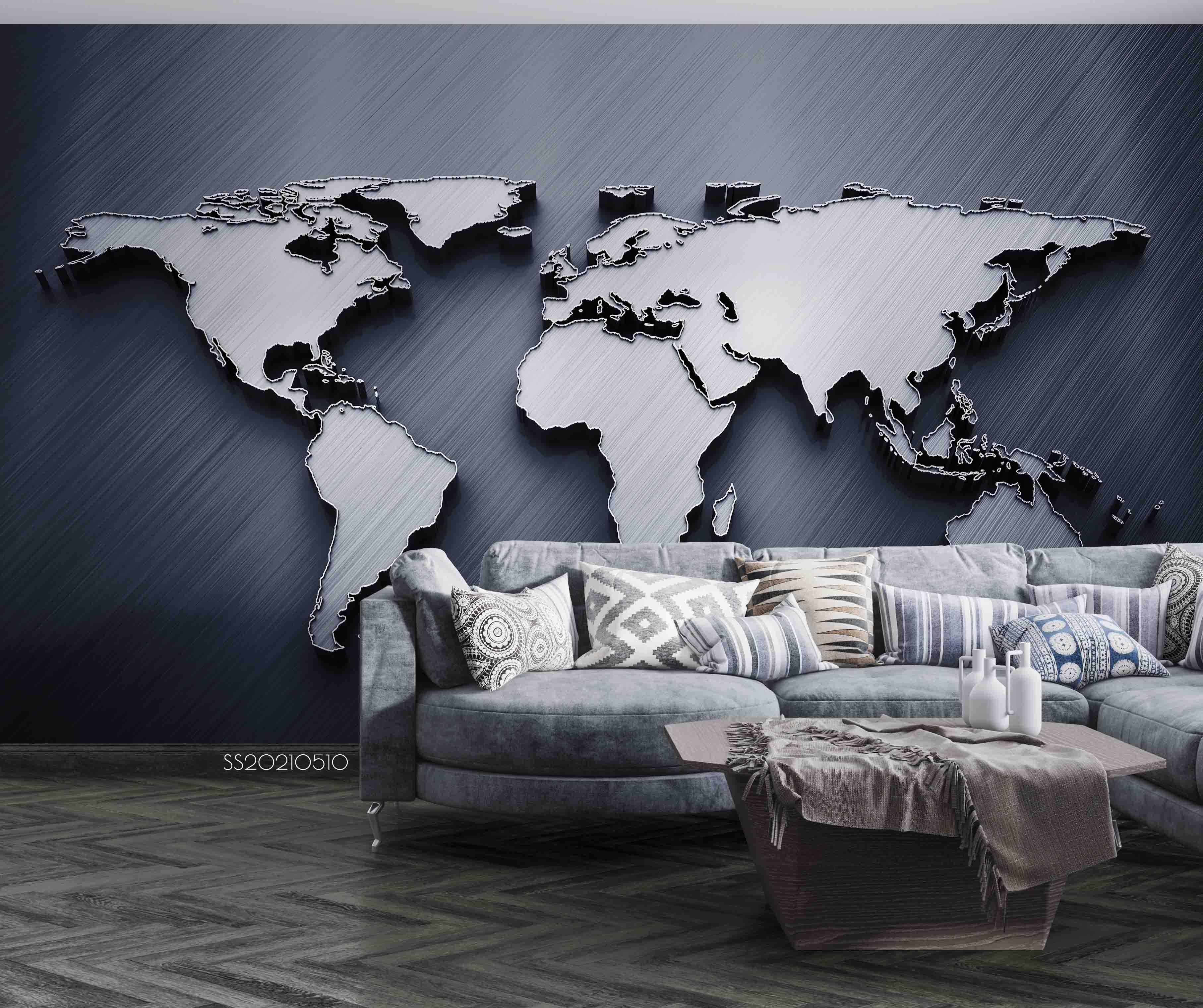 3D Grey World Map Wall Mural Wallpaper LQH 267- Jess Art Decoration