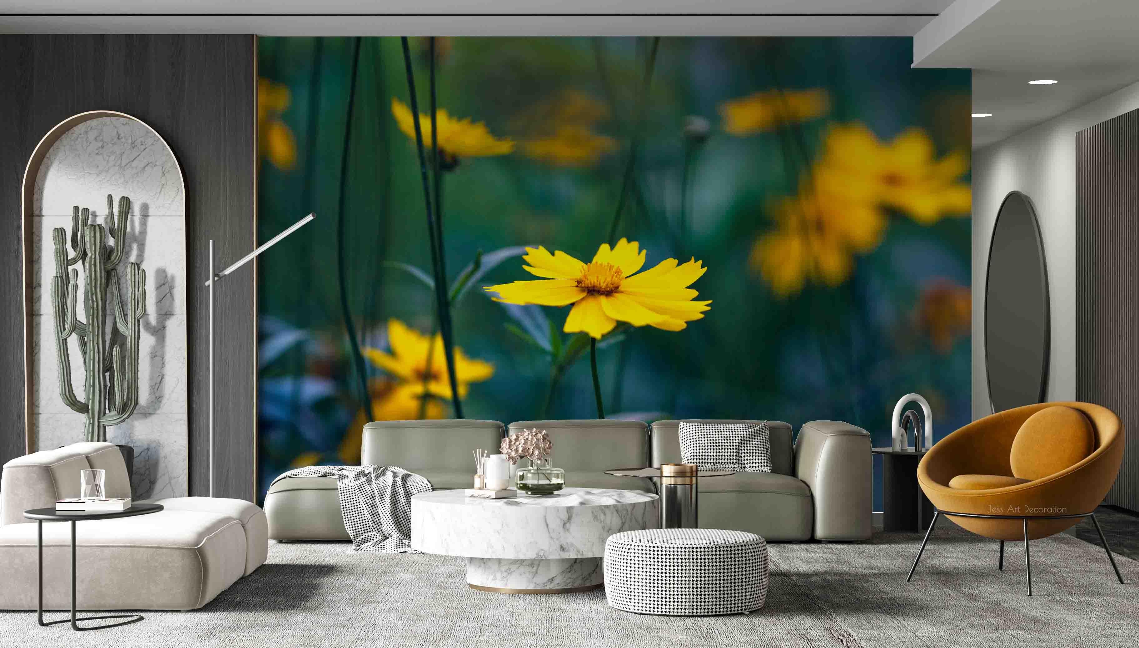 3D Yellow Flowers Green Leaf Wall Mural Wallpaper GD 2426- Jess Art Decoration