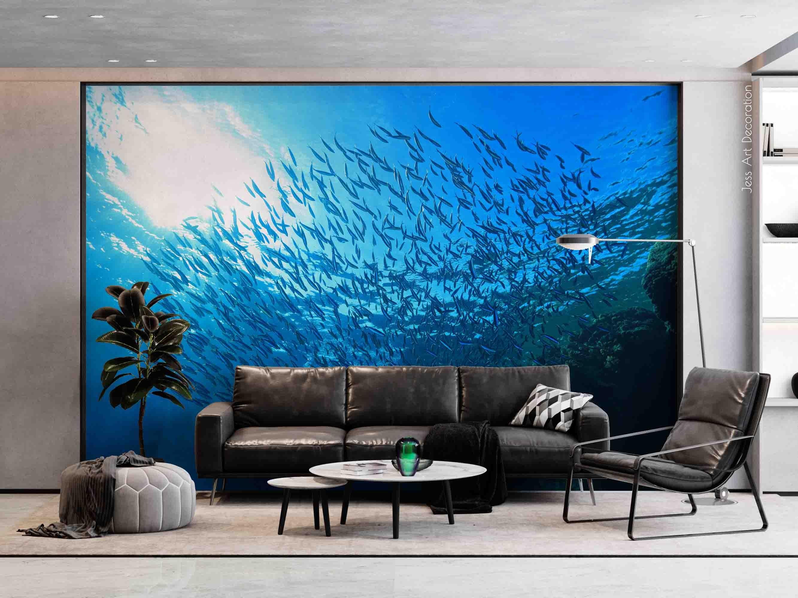 3D Blue Seabed Fish School Sunshine Wall Mural Wallpaper GD 2288- Jess Art Decoration